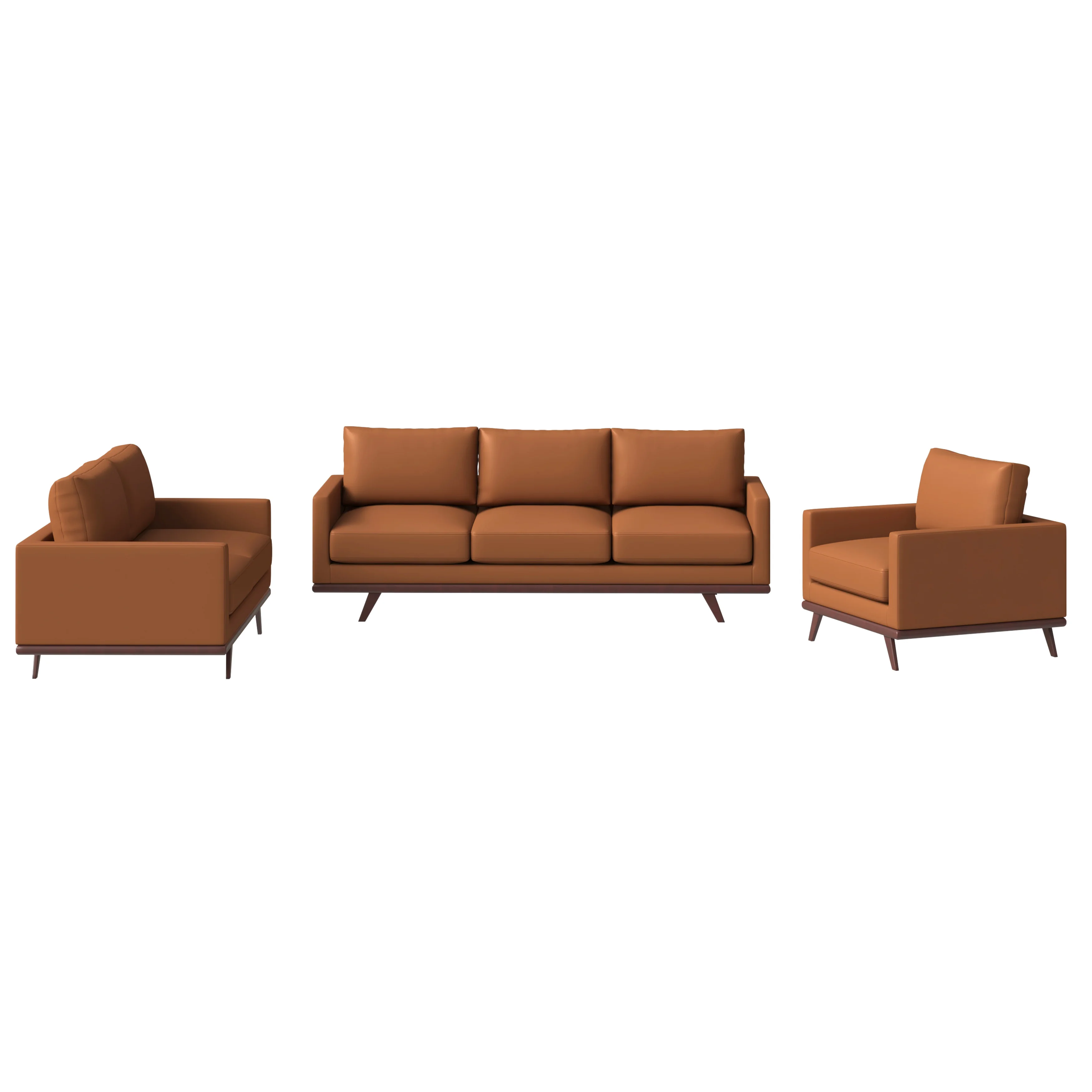 Chester 3-Piece Leather Living Room Sofa Set with Birch Wood Base Cognac Tan