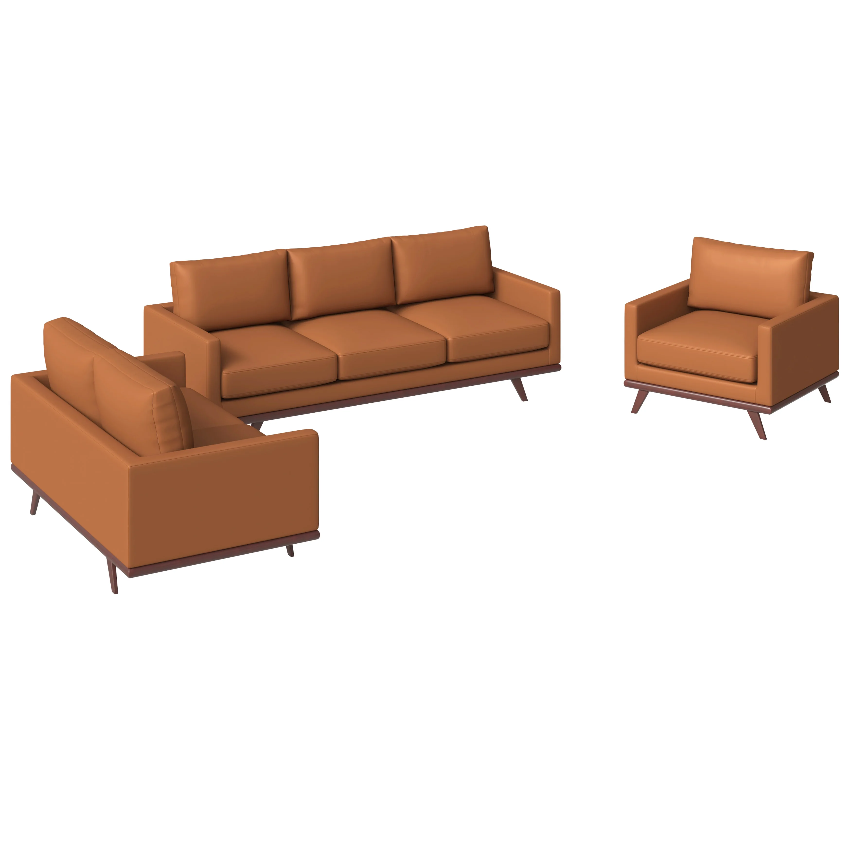 Chester 3-Piece Leather Living Room Sofa Set with Birch Wood Base Cognac Tan