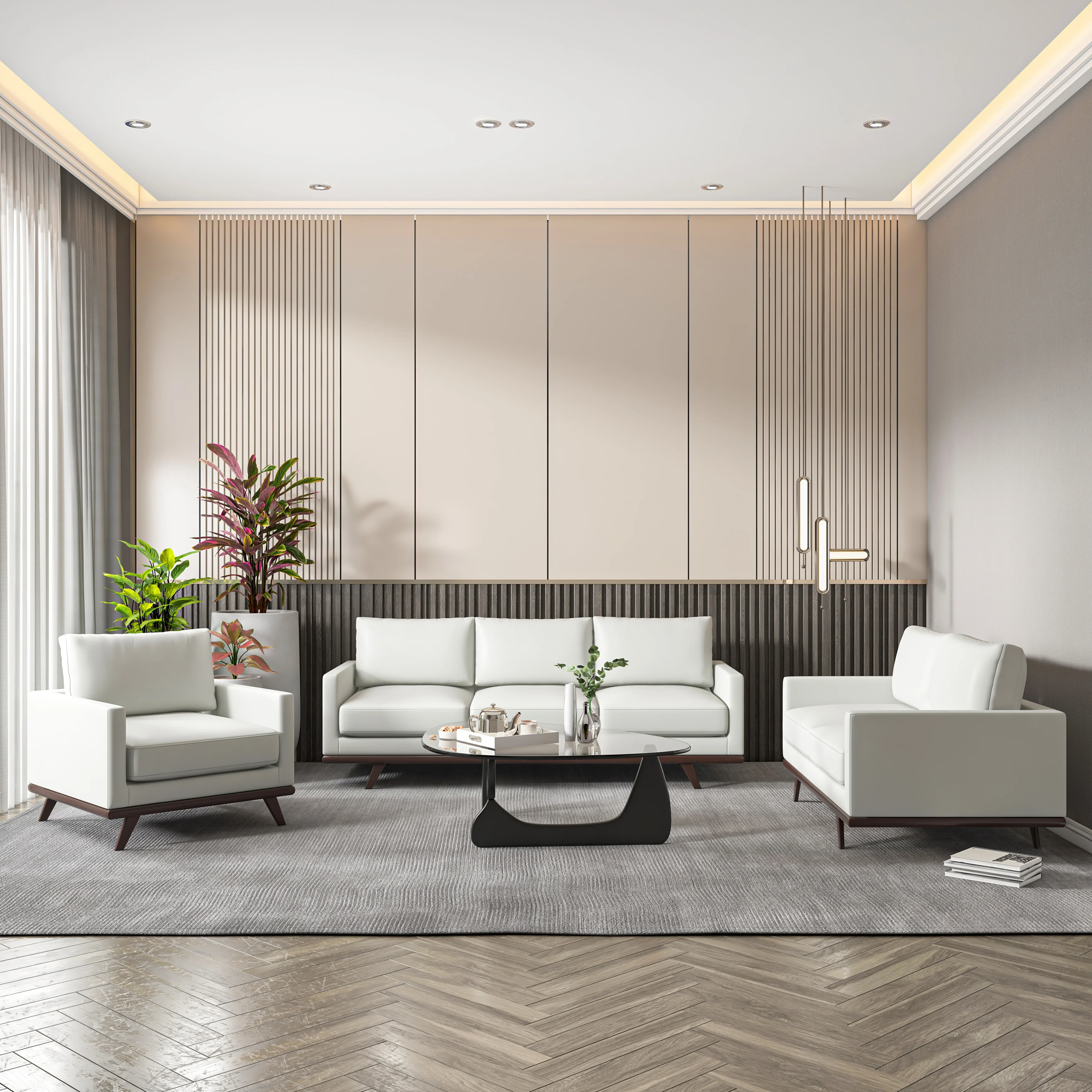 Chester 3-Piece Leather Living Room Sofa Set with Birch Wood Base White