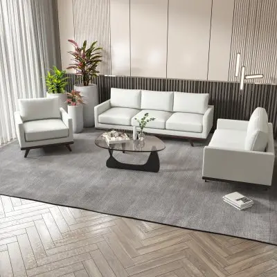 Chester 3-Piece Leather Living Room Sofa Set with Birch Wood Base White