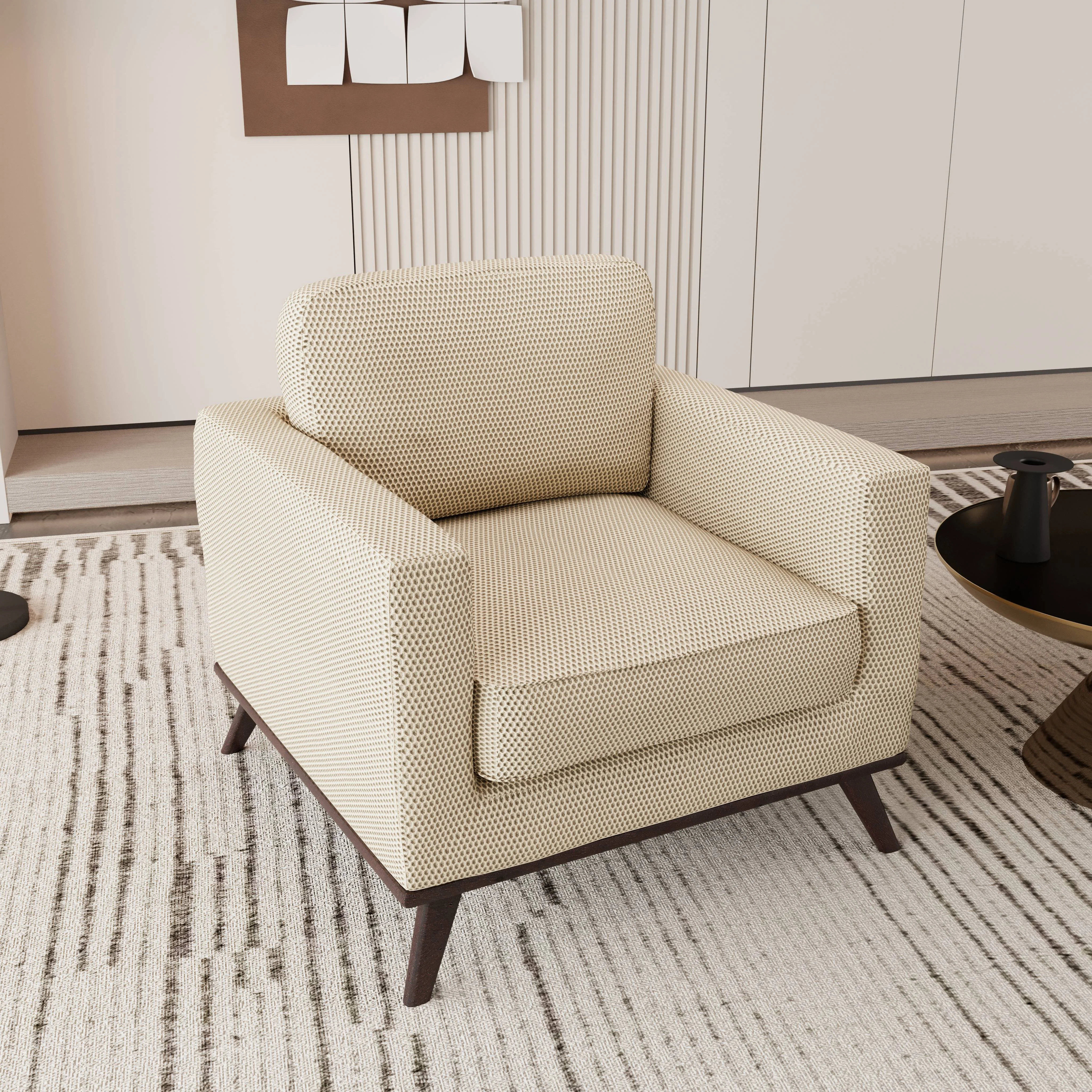 Chester Modern Faux Leather Accent Arm Chair in Beige Mesh