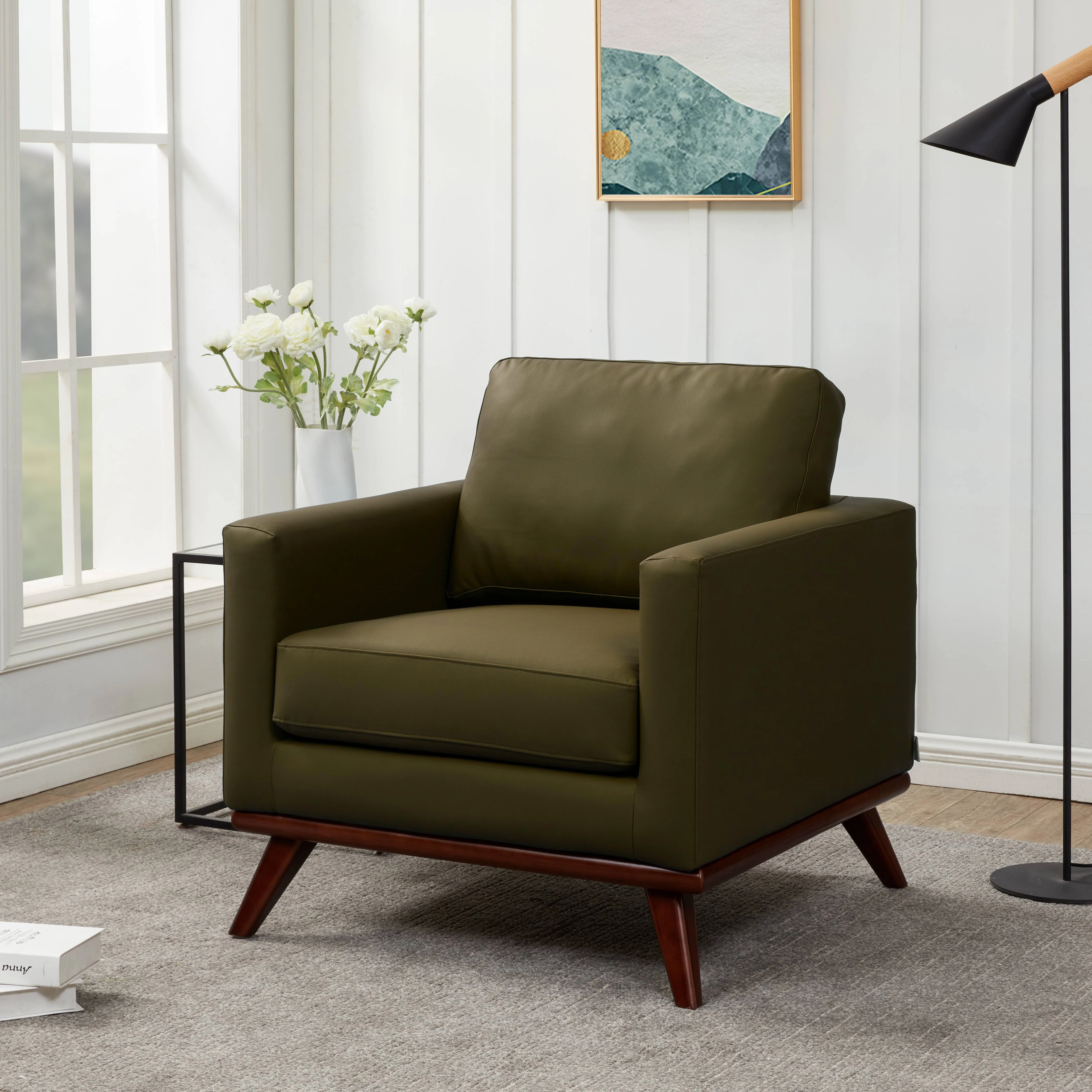 Chester Modern Faux Leather Accent Arm Chair in Green Leather