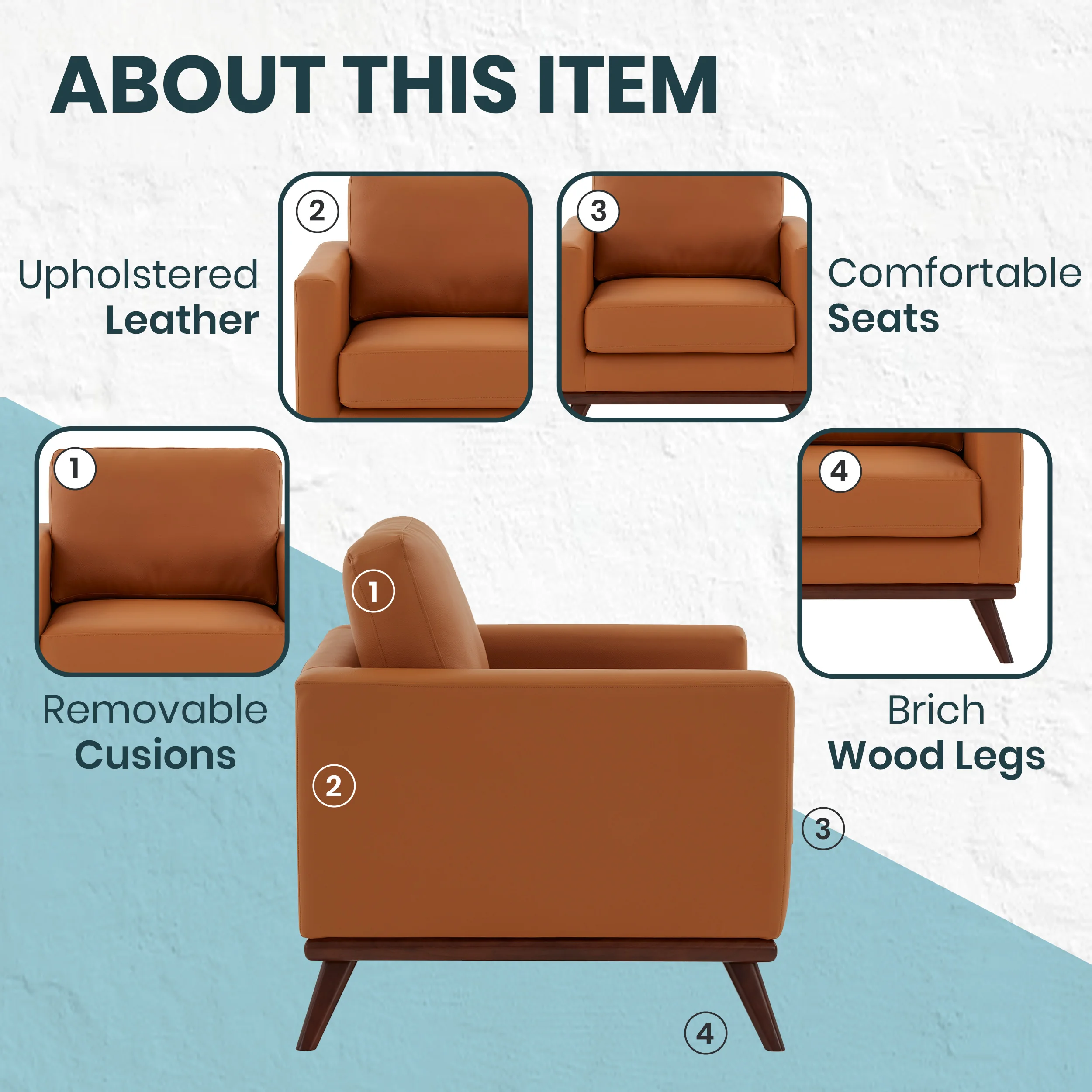 Chester Modern Leather Accent Arm Chair With Birch Wood Base