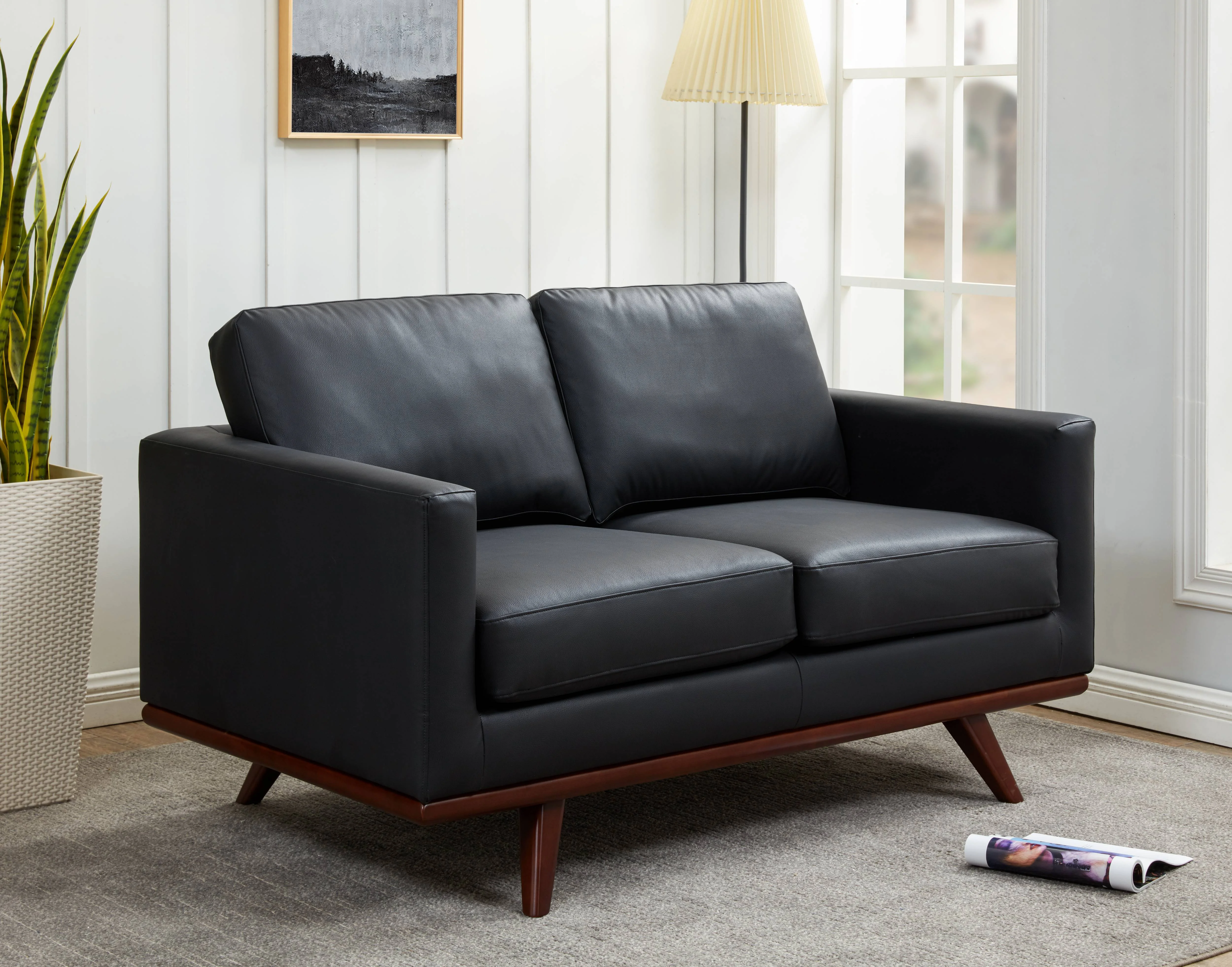 Chester Modern Leather Loveseat With Birch Wood Base
