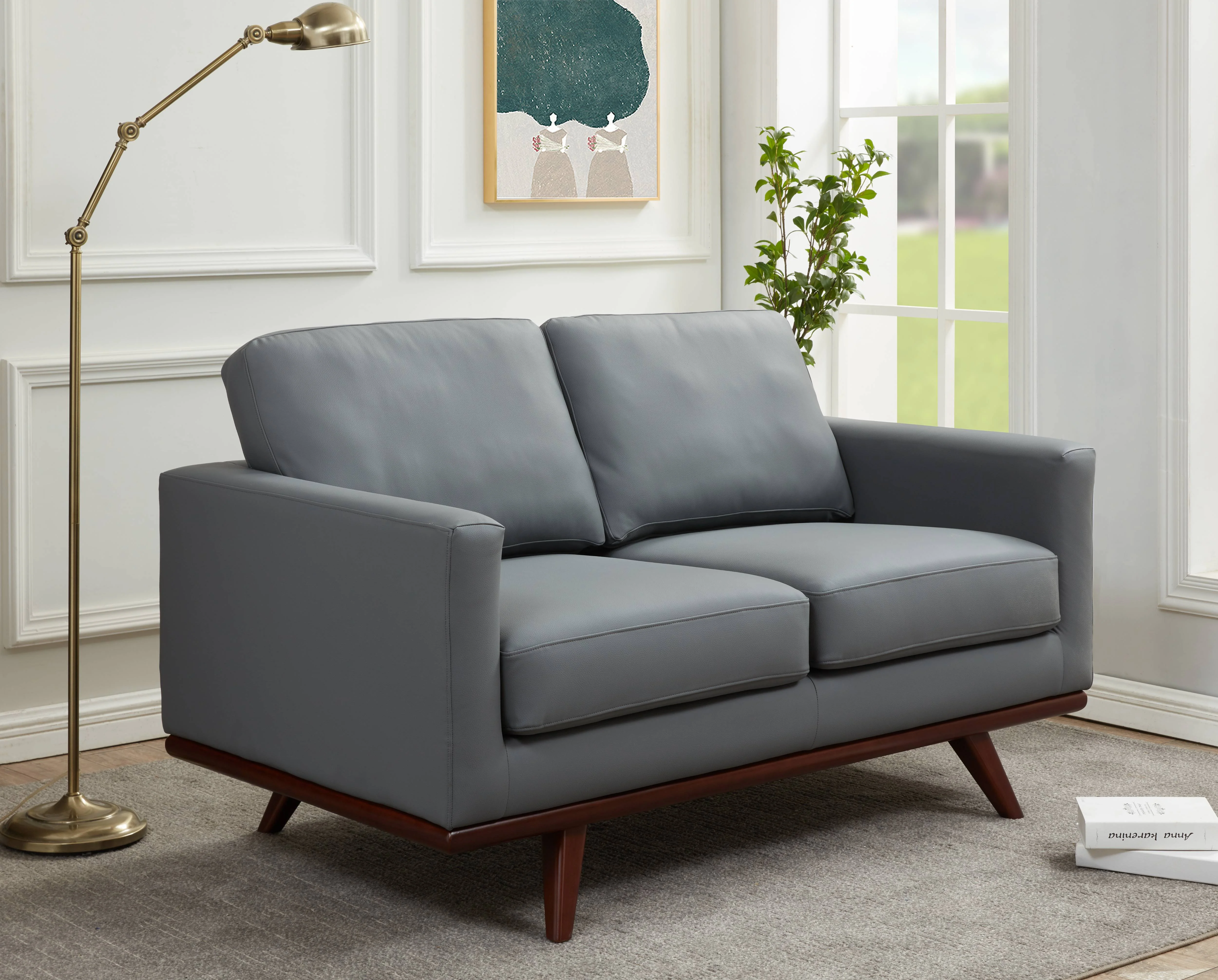 Chester Modern Leather Loveseat With Birch Wood Base