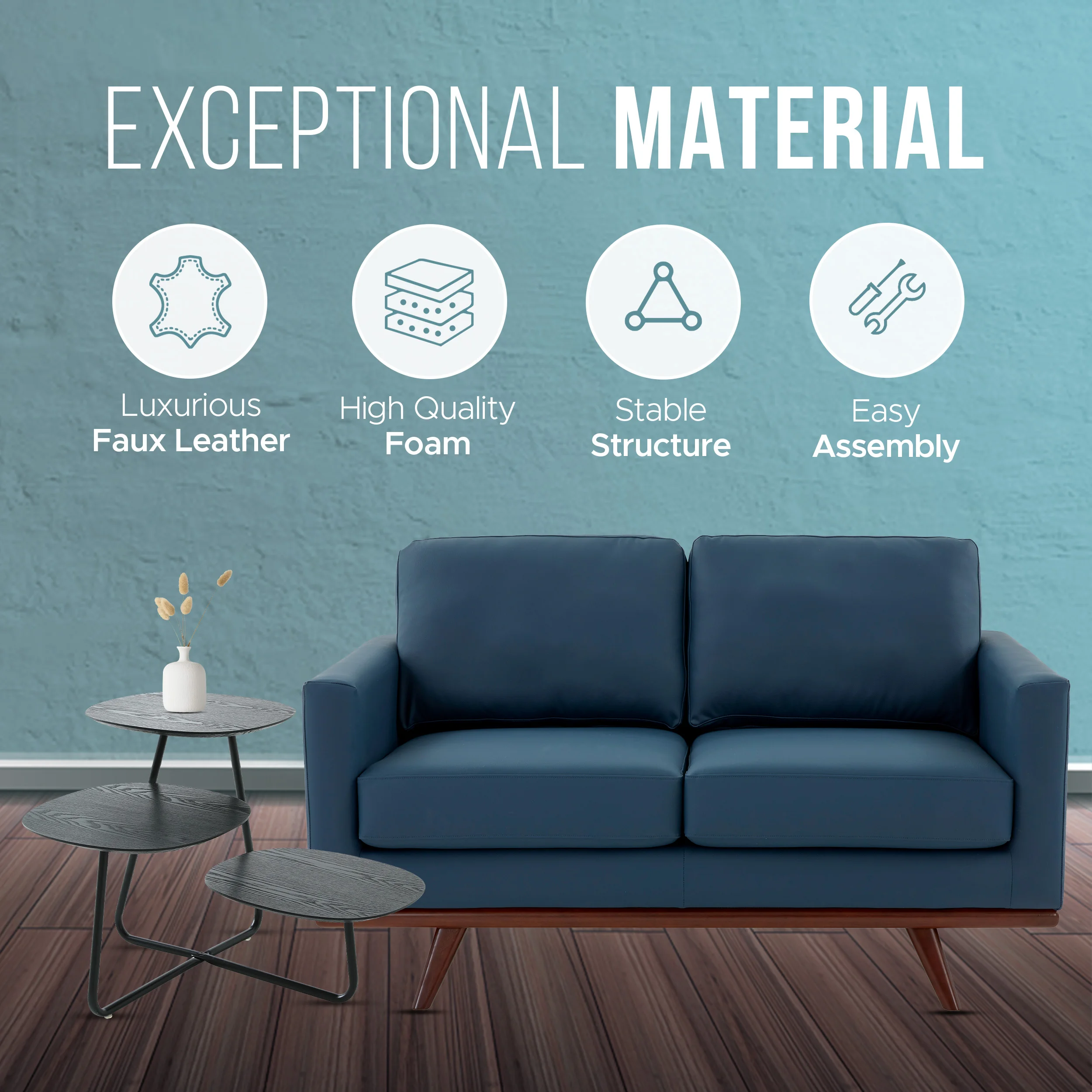 Chester Modern Leather Loveseat With Birch Wood Base