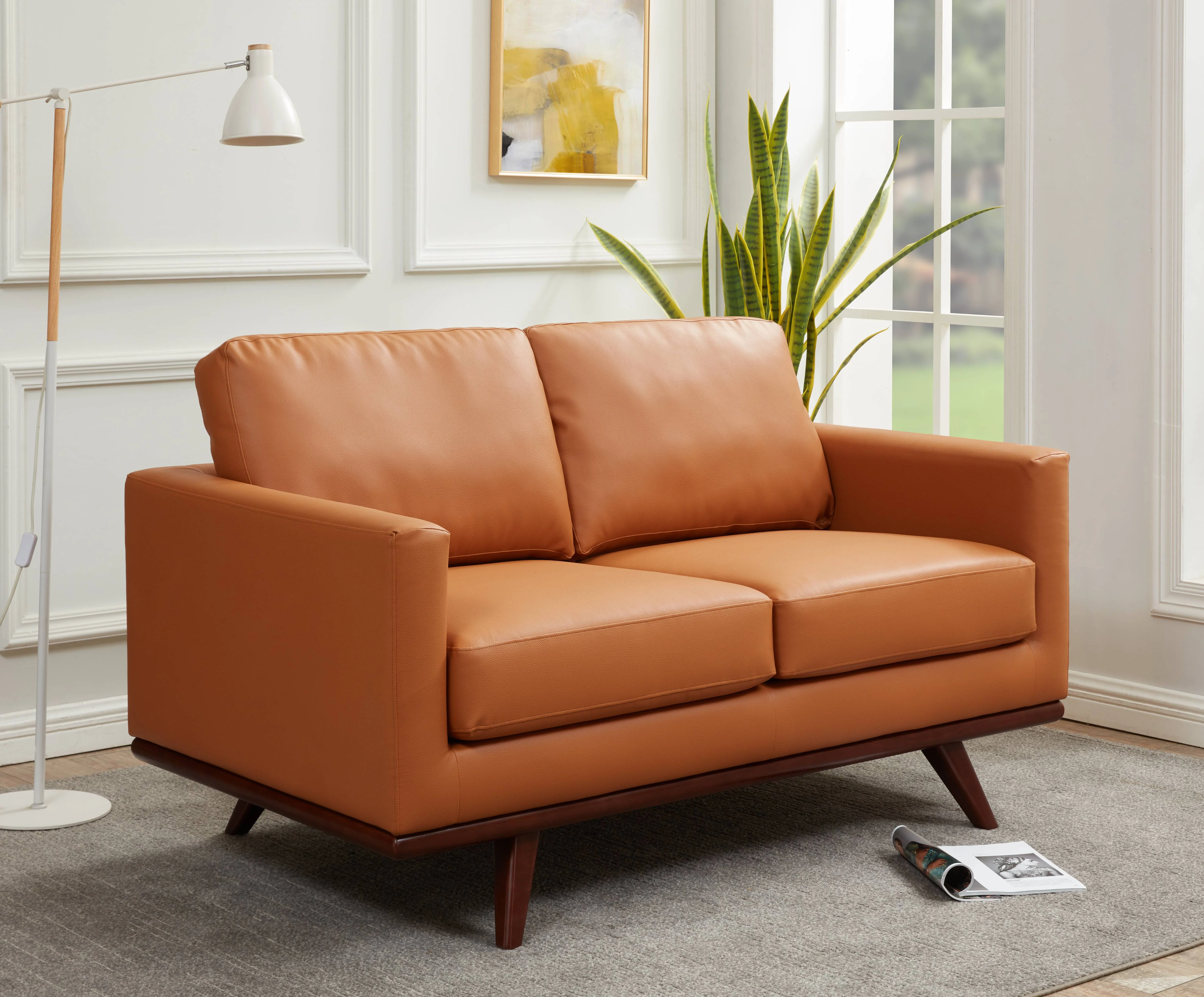 Chester Modern Leather Loveseat With Birch Wood Base