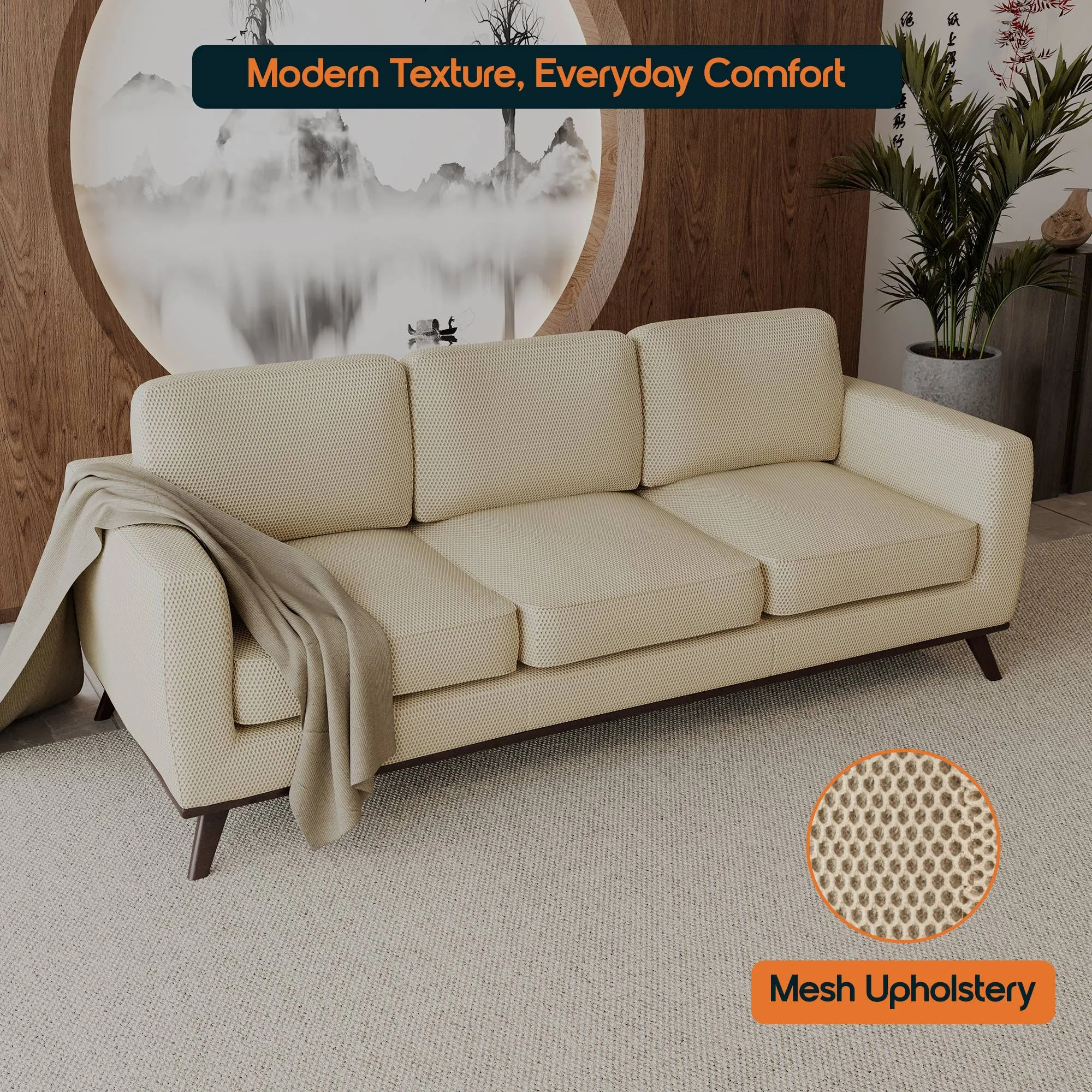 Chester Modern Faux Leather Sofa in Beige Mesh