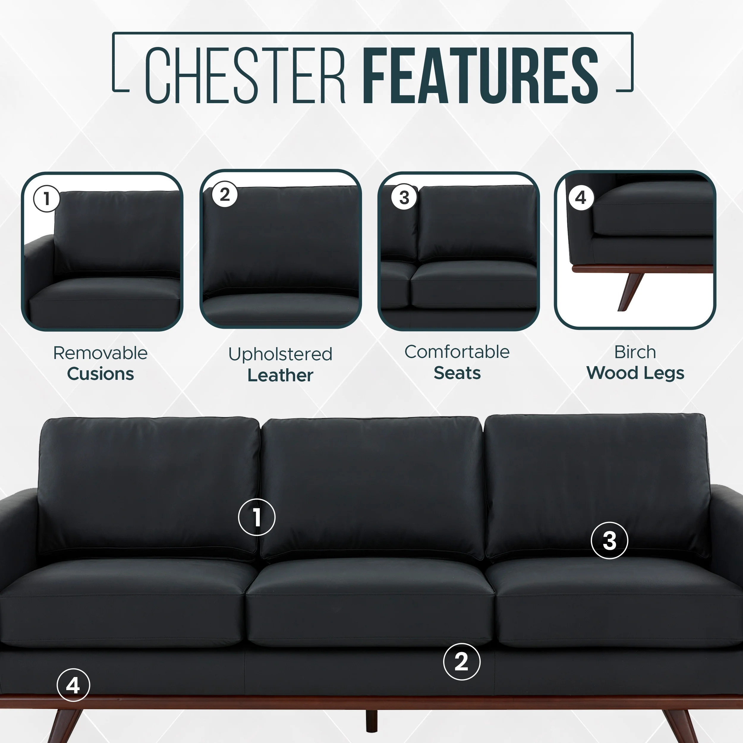 Chester Modern Leather Sofa With Birch Wood Base