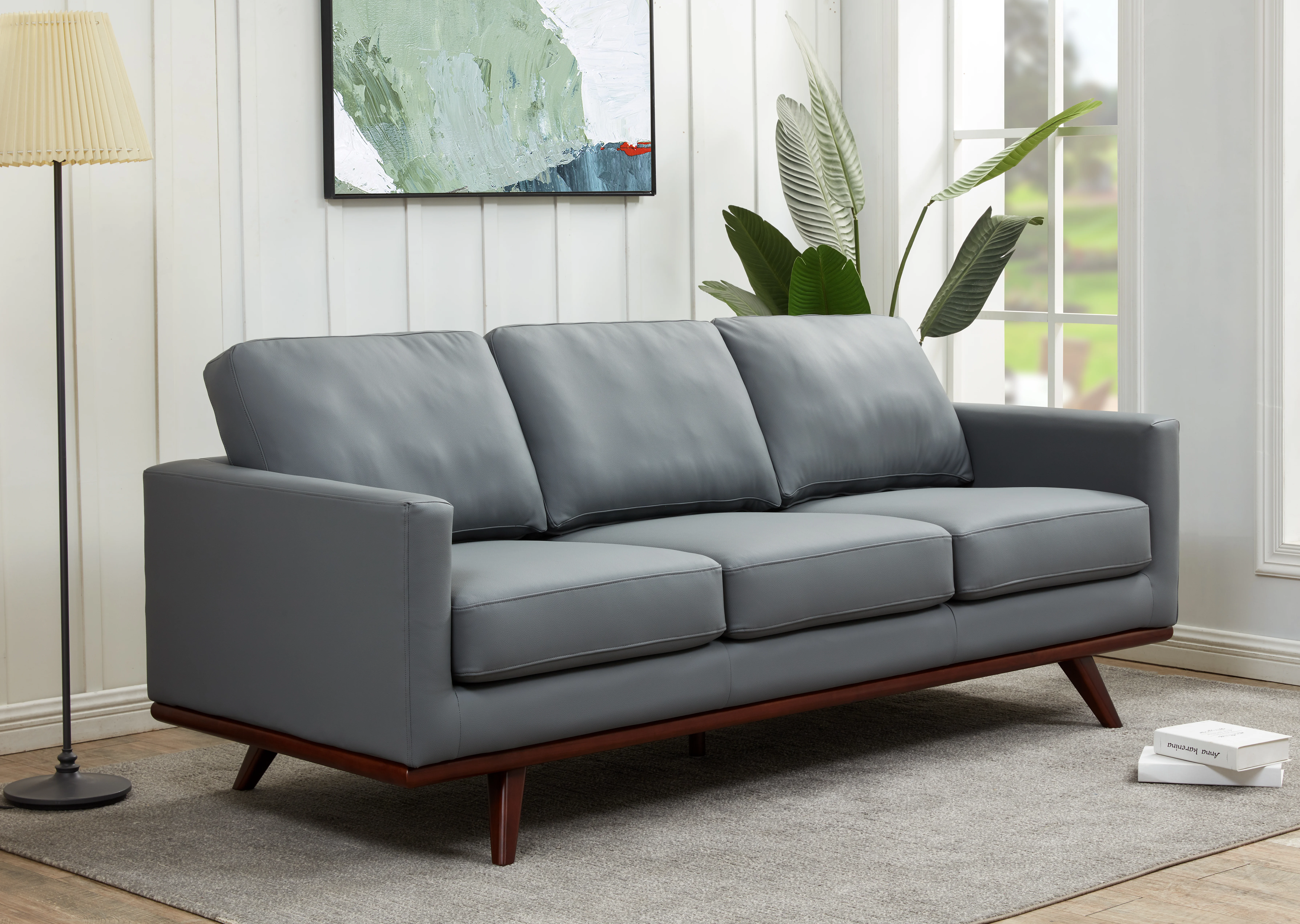 Chester Modern Leather Sofa With Birch Wood Base
