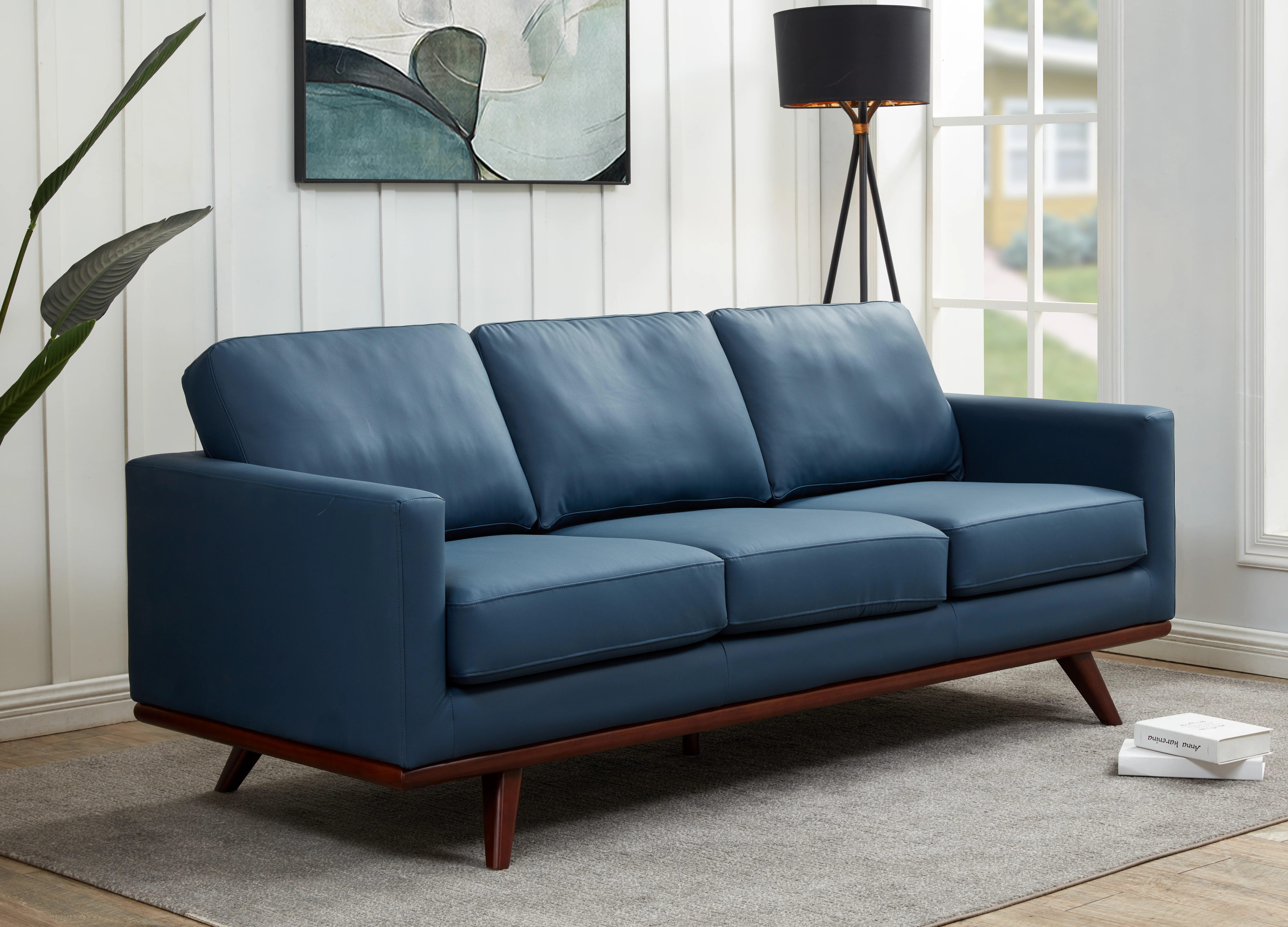 Chester Modern Leather Sofa With Birch Wood Base