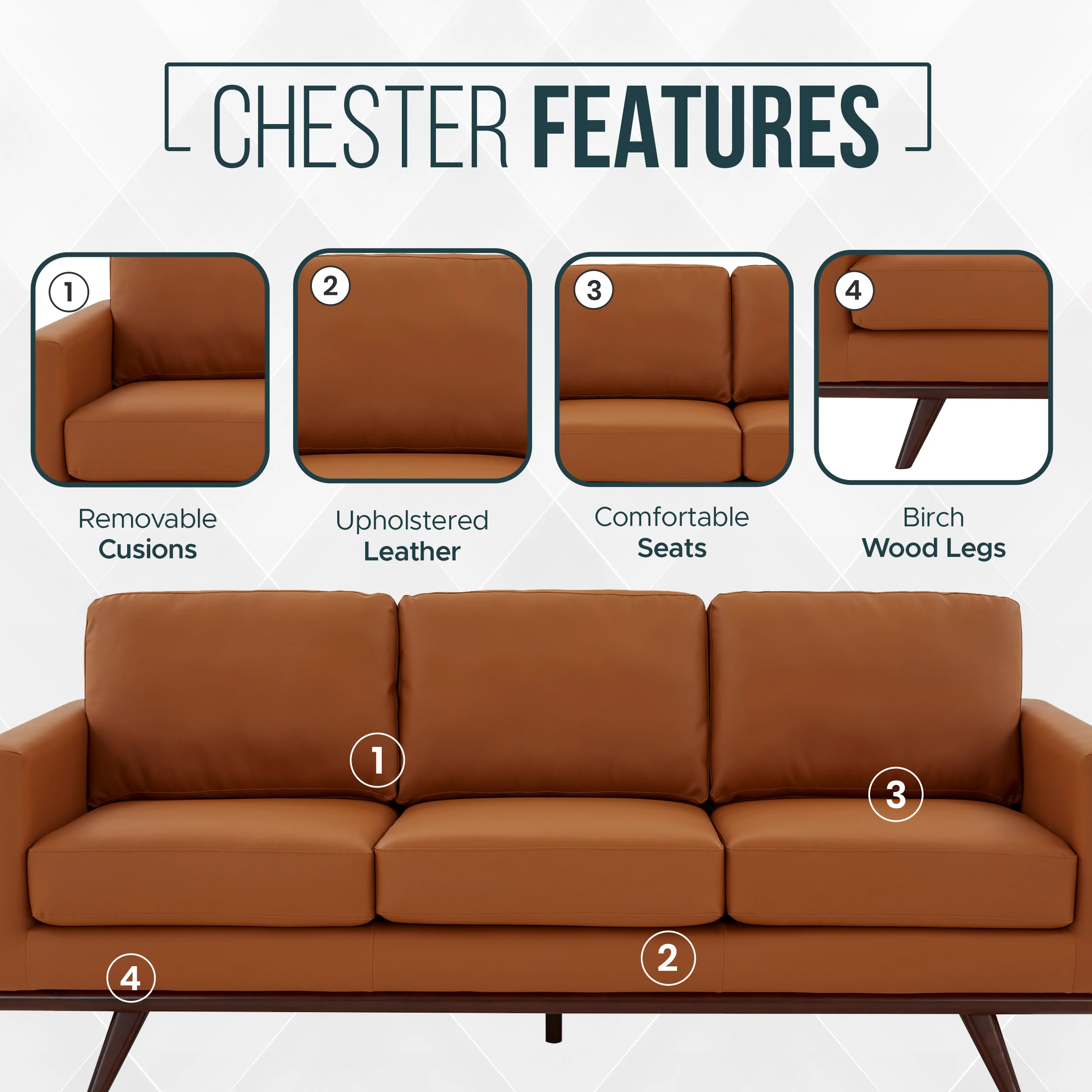 Chester Modern Leather Sofa With Birch Wood Base
