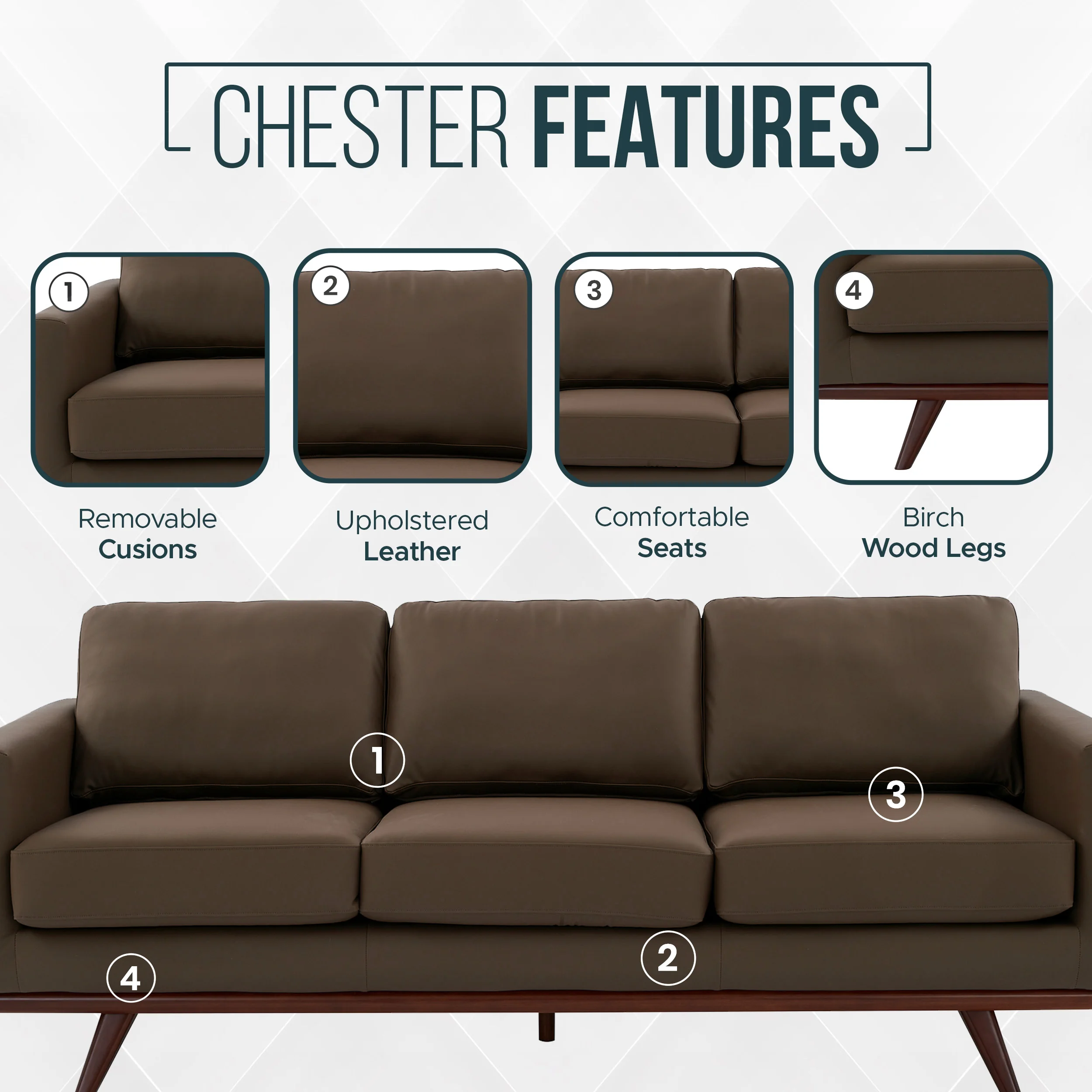Chester Modern Faux Sofa in Taupe Leather