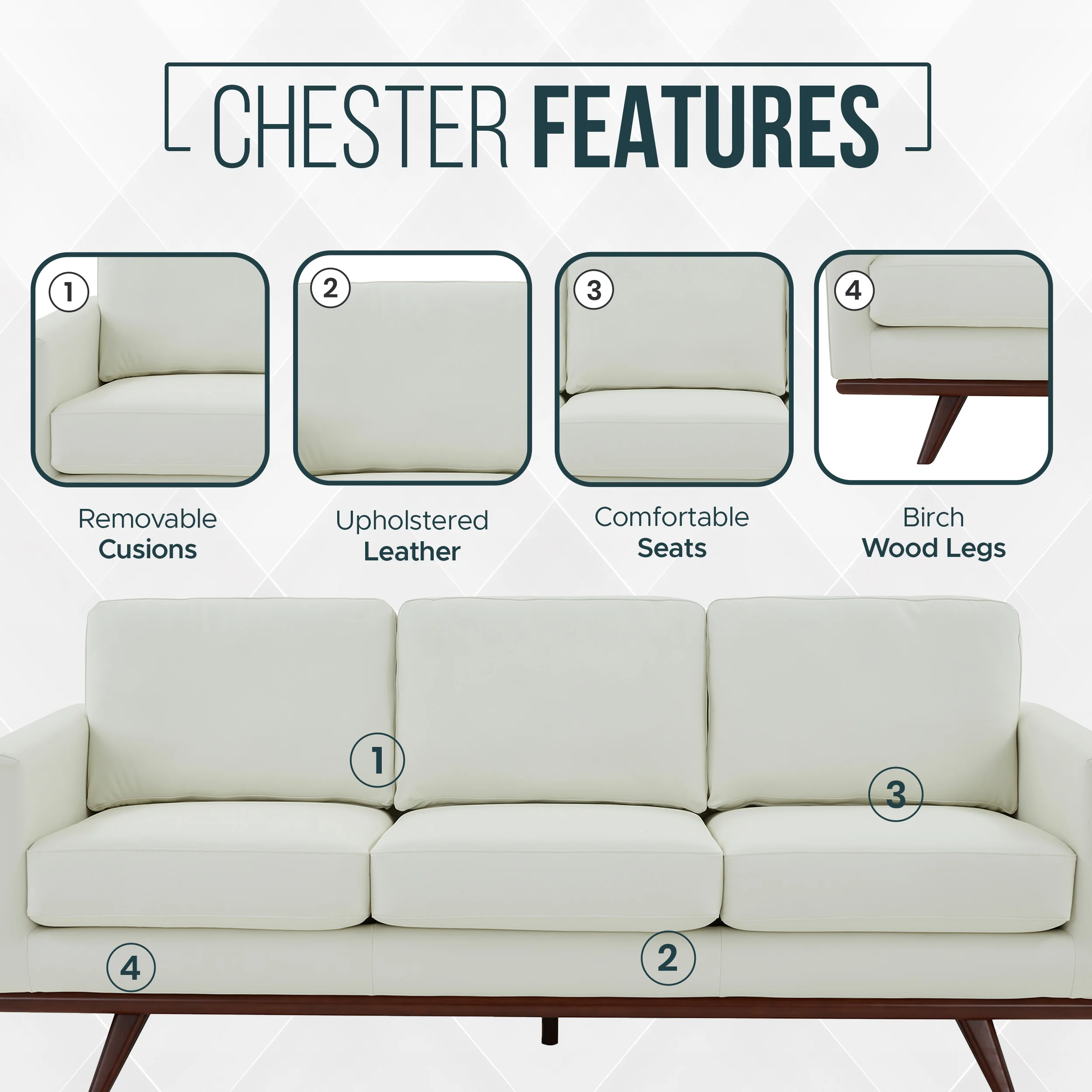 Chester Modern Leather Sofa With Birch Wood Base