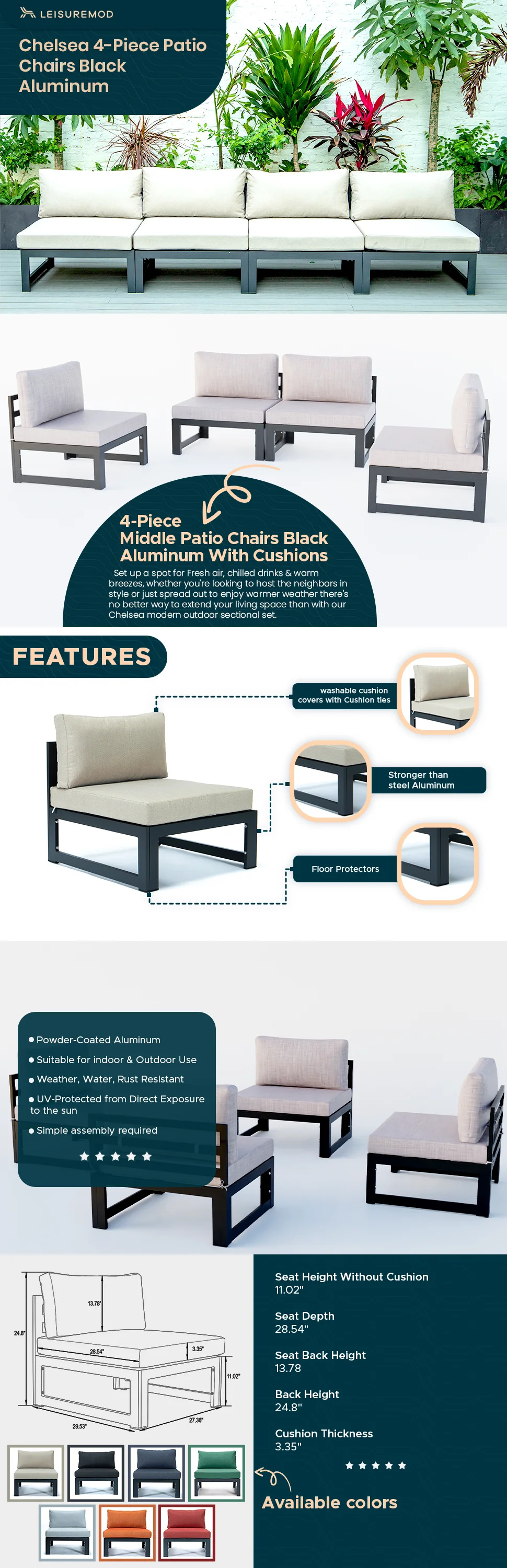 Chelsea 4-Piece Middle Patio Chairs Black Aluminum With Cushions