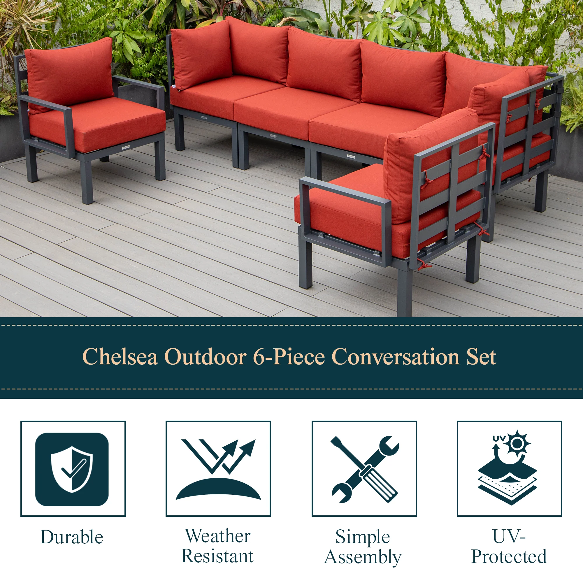 Chelsea 6-Piece Patio Sectional Black Aluminum With Cushions