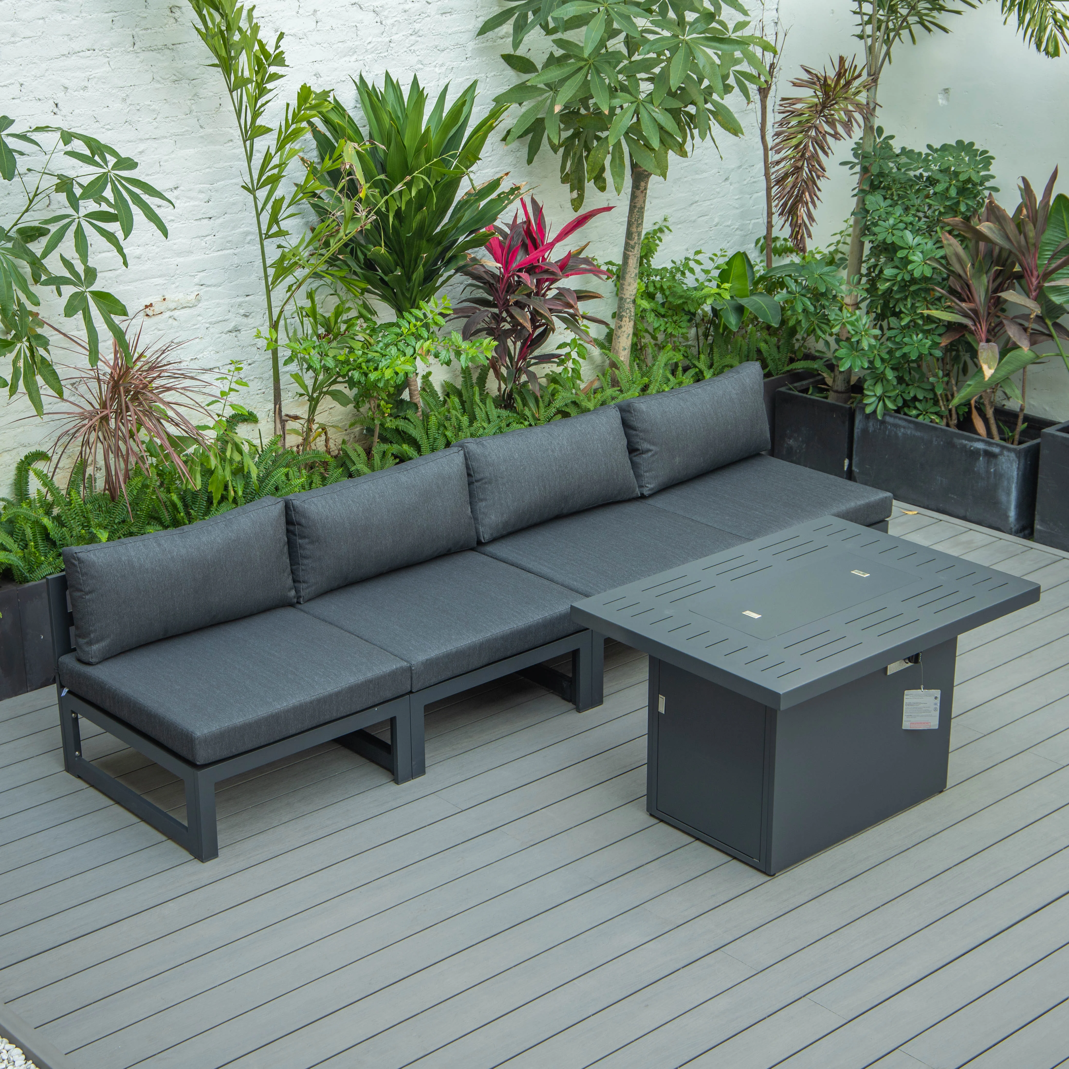 Chelsea 5-Piece Middle Patio Chairs and Fire Pit Table Set Black Aluminum With Cushions