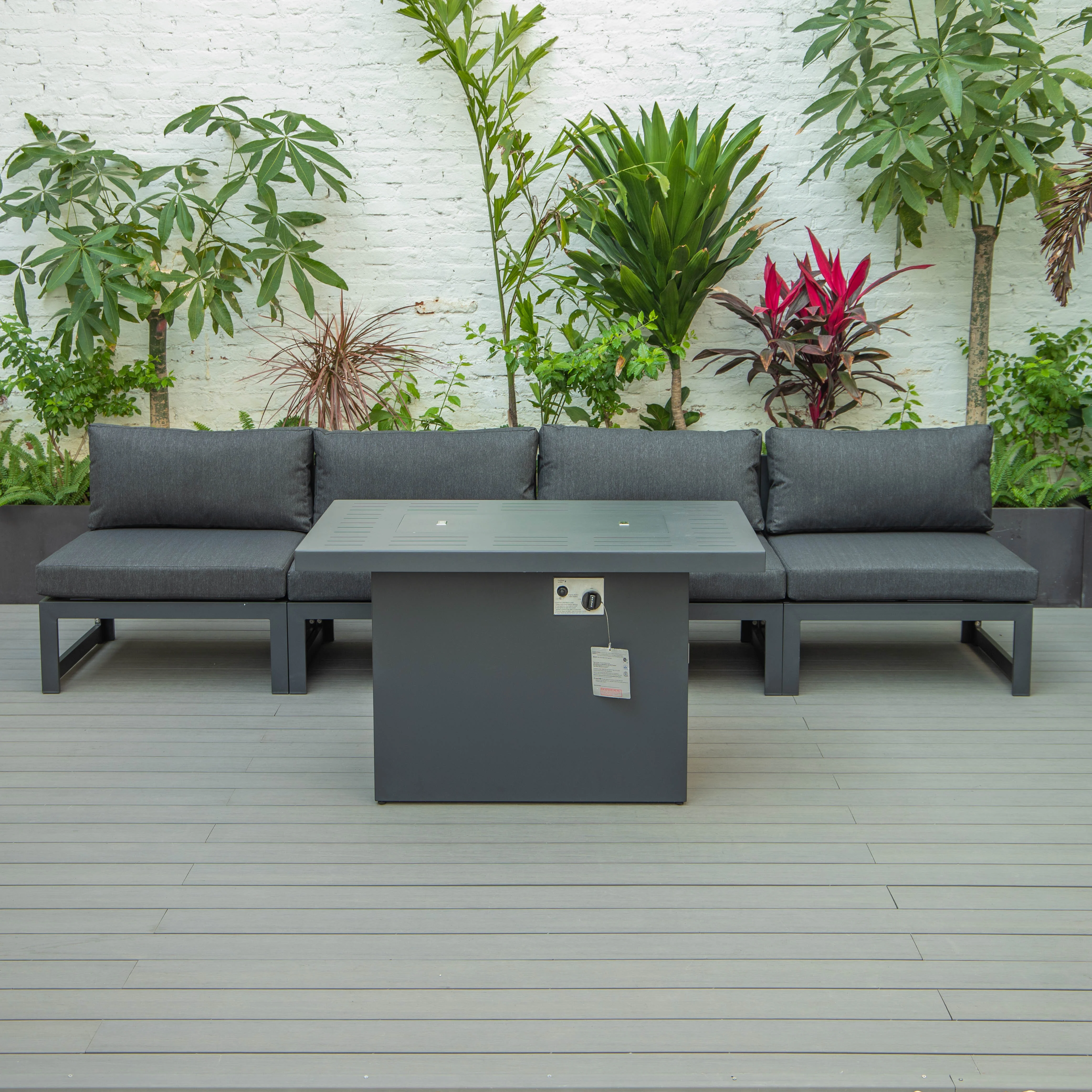 Chelsea 5-Piece Middle Patio Chairs and Fire Pit Table Set Black Aluminum With Cushions