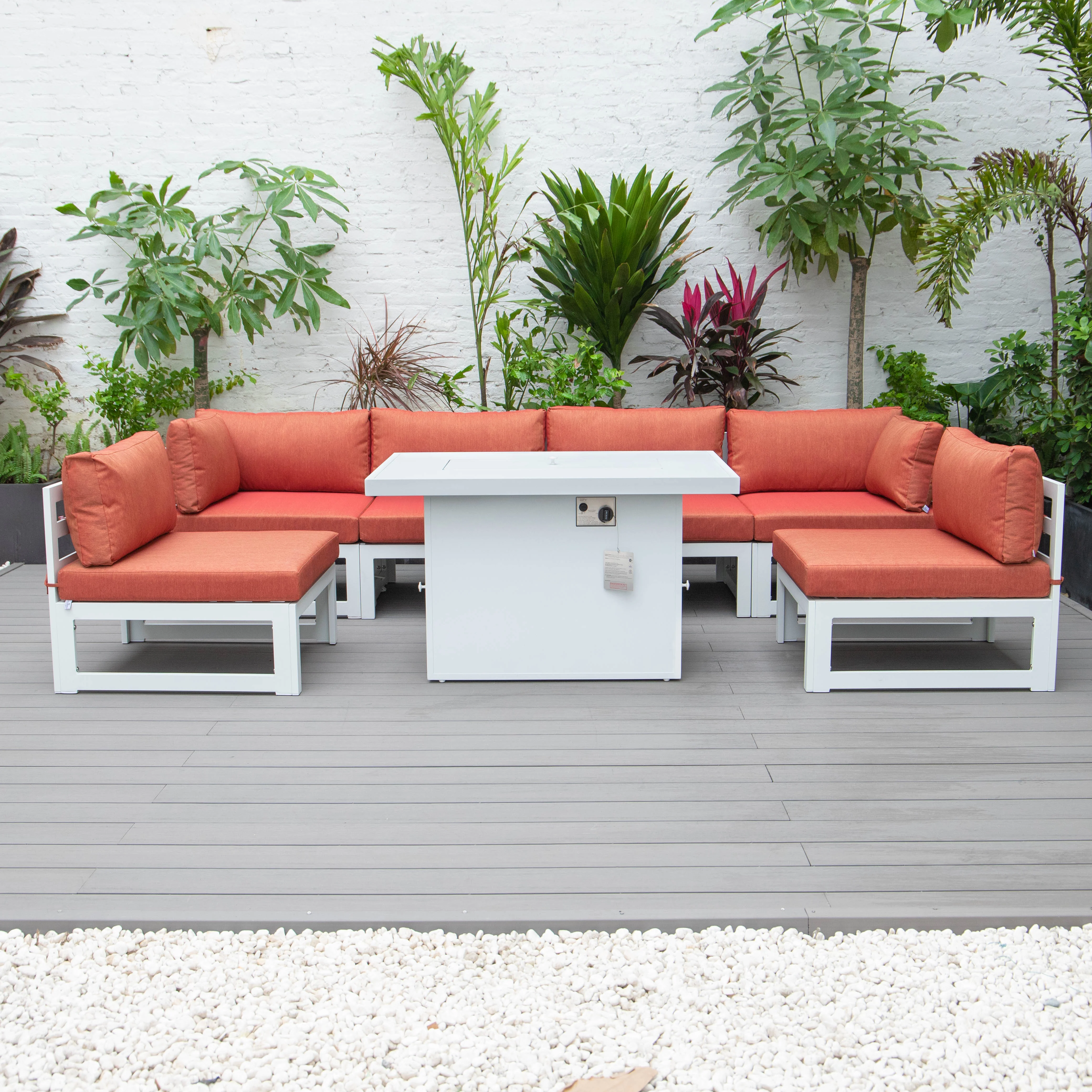 Chelsea 7-Piece Patio Sectional And Fire Pit Table White Aluminum With Cushions