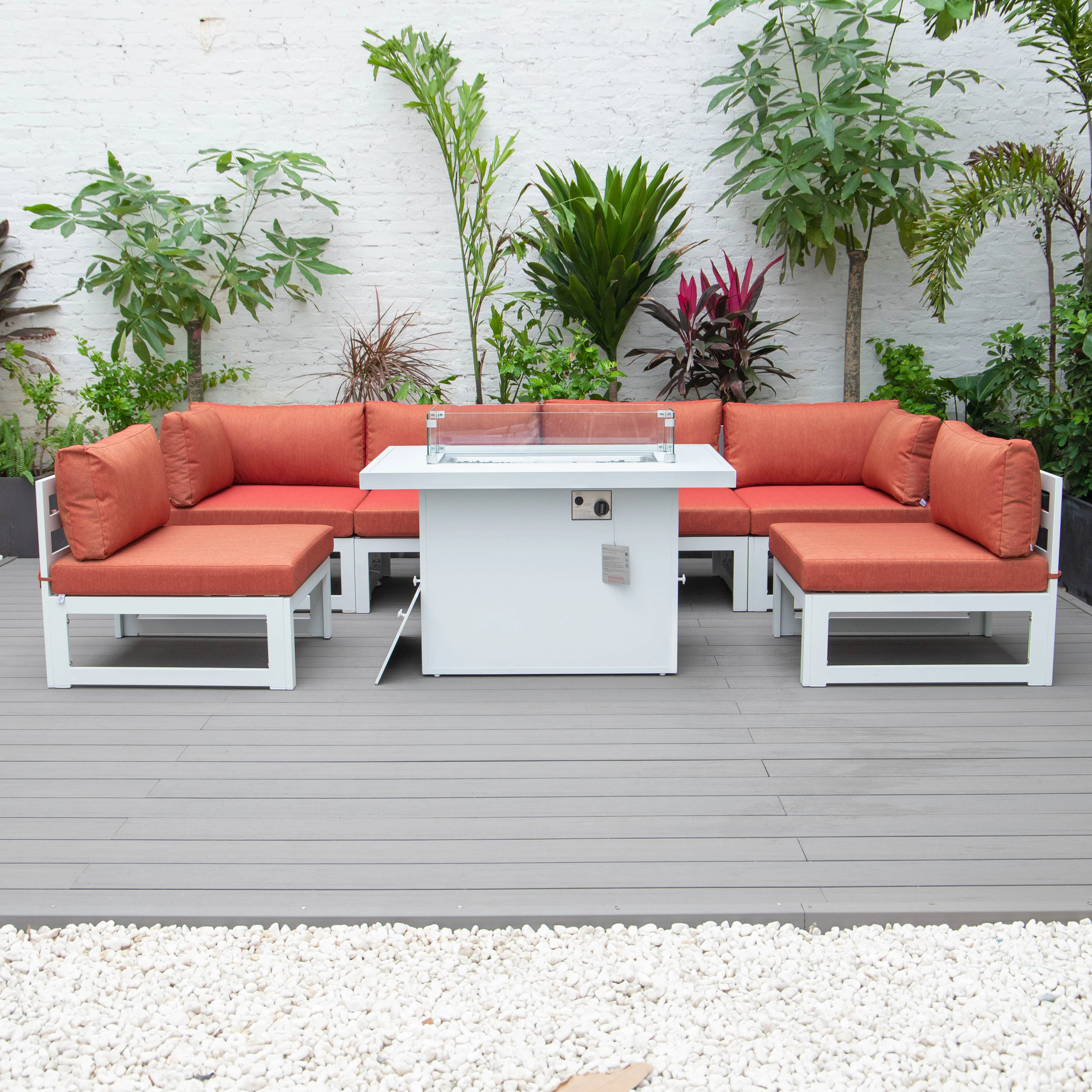 Chelsea 7-Piece Patio Sectional And Fire Pit Table White Aluminum With Cushions