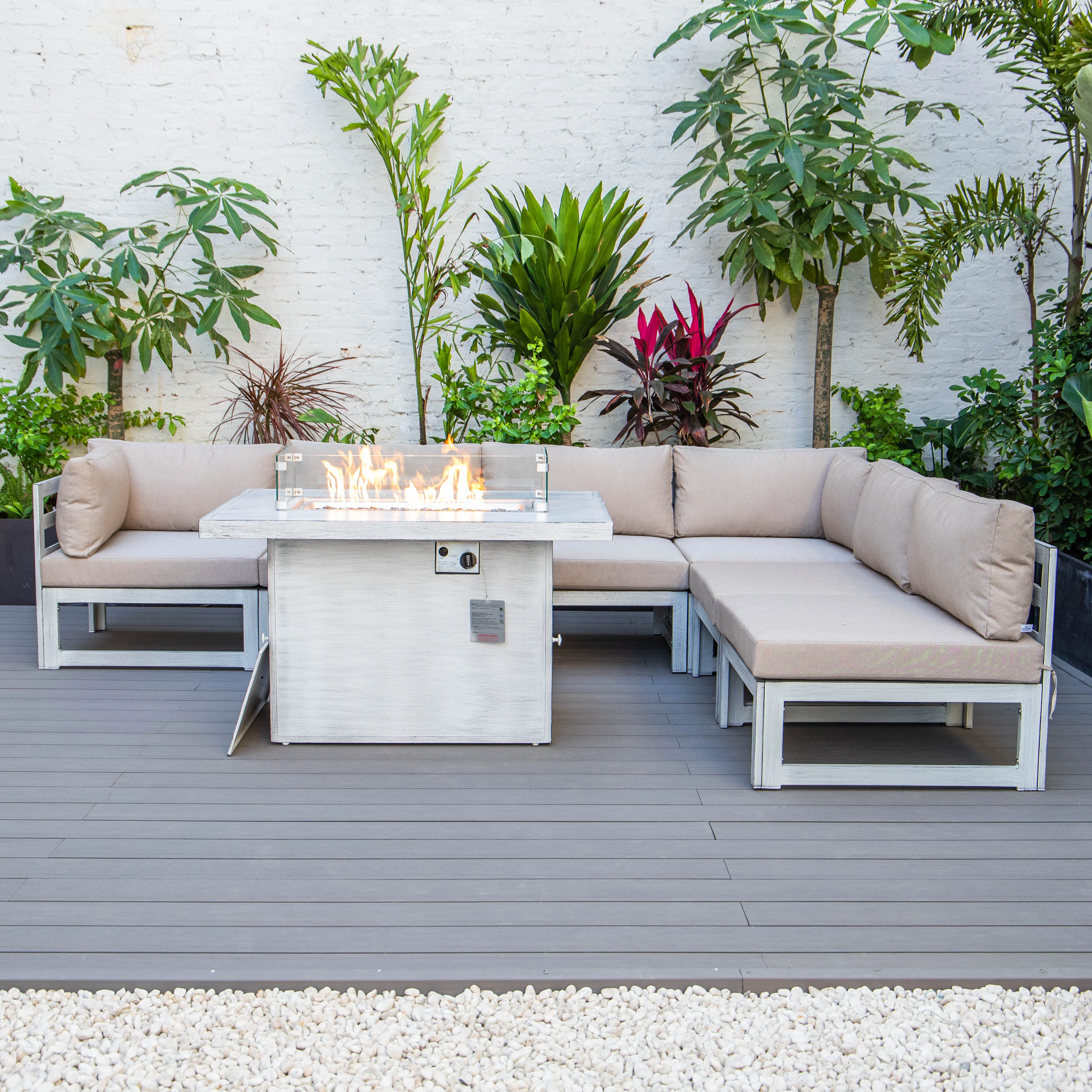 Chelsea 7-Piece Patio Sectional And Fire Pit Table Weathered Grey Aluminum With Cushions