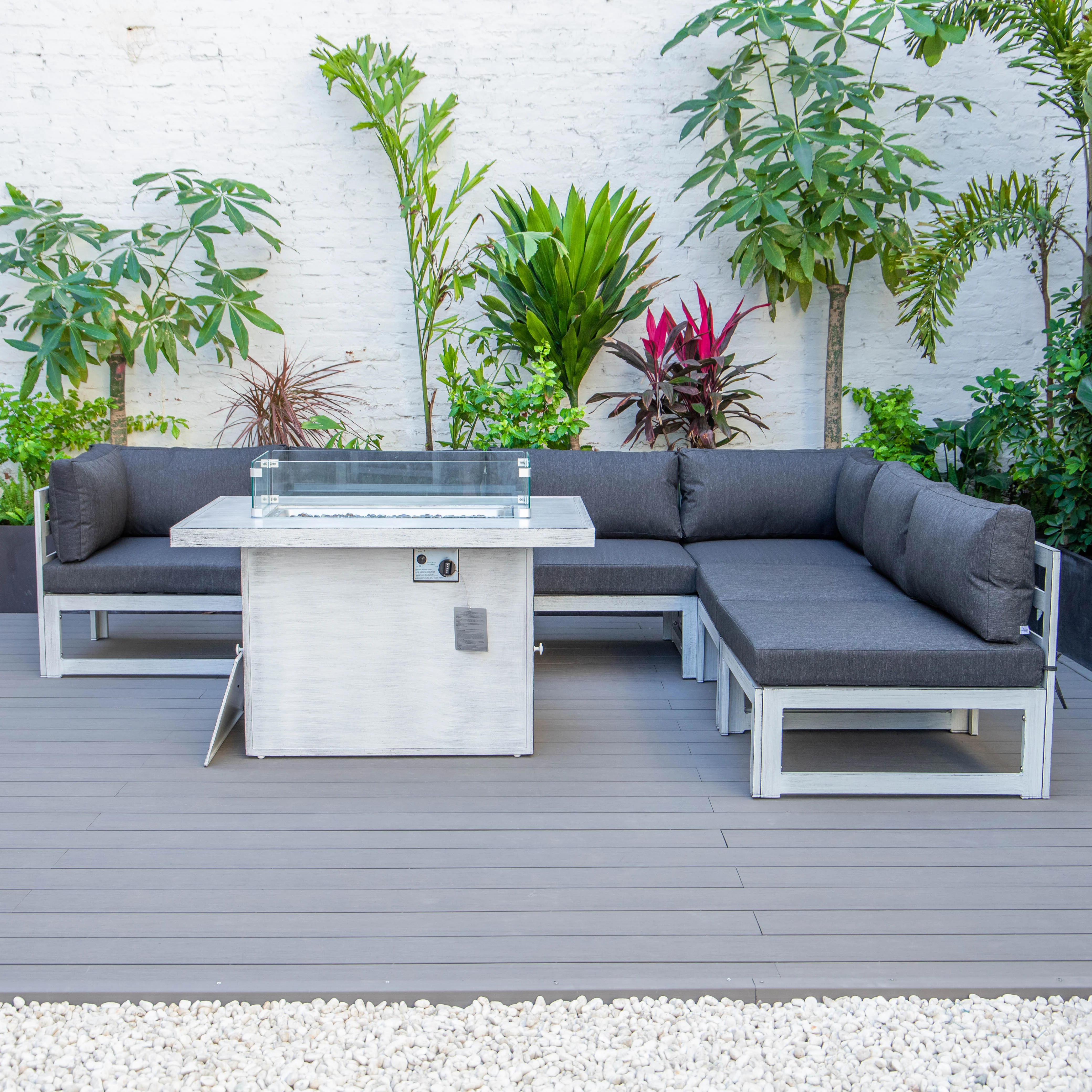 Chelsea 7-Piece Patio Sectional And Fire Pit Table Weathered Grey Aluminum With Cushions