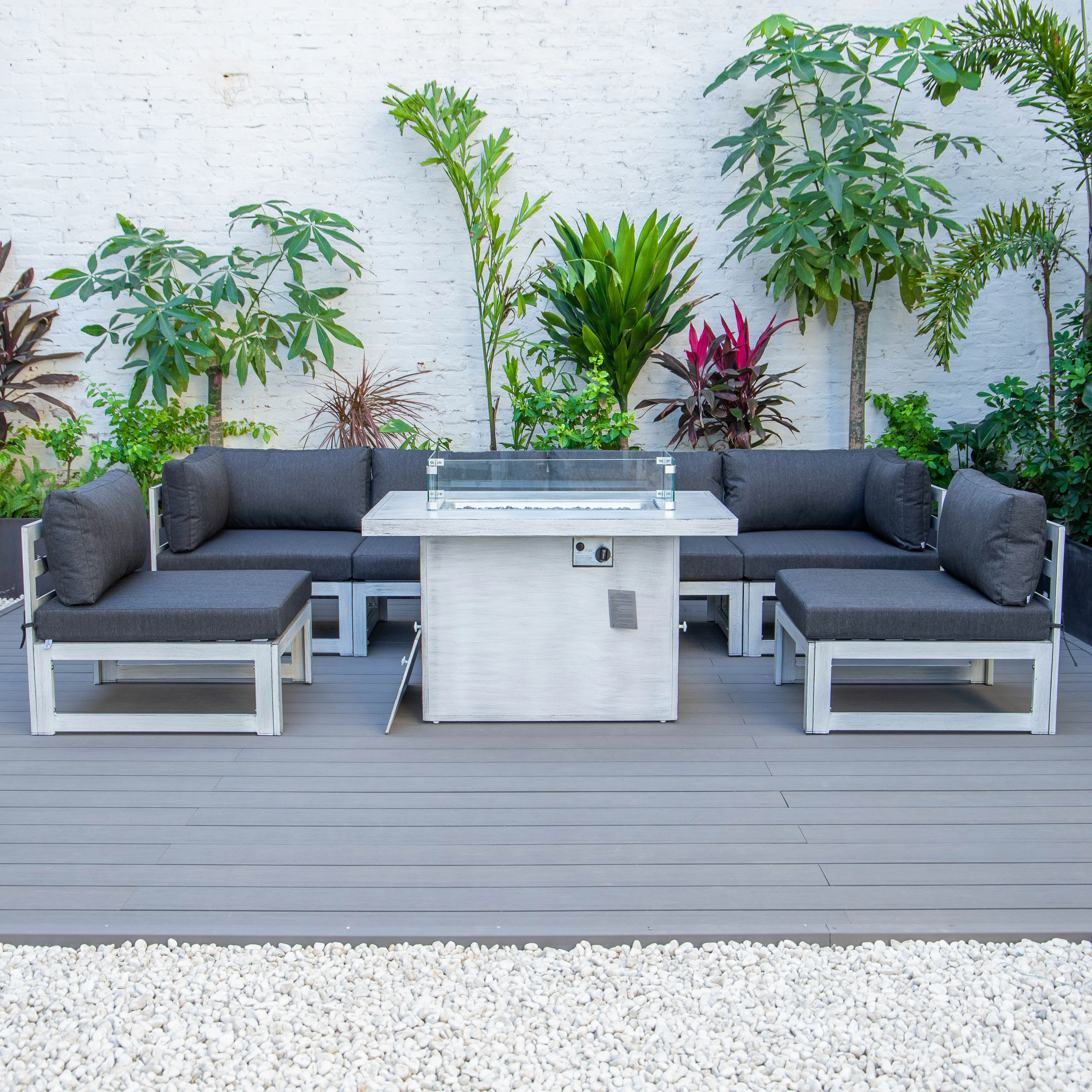 Chelsea 7-Piece Patio Sectional And Fire Pit Table Weathered Grey Aluminum With Cushions