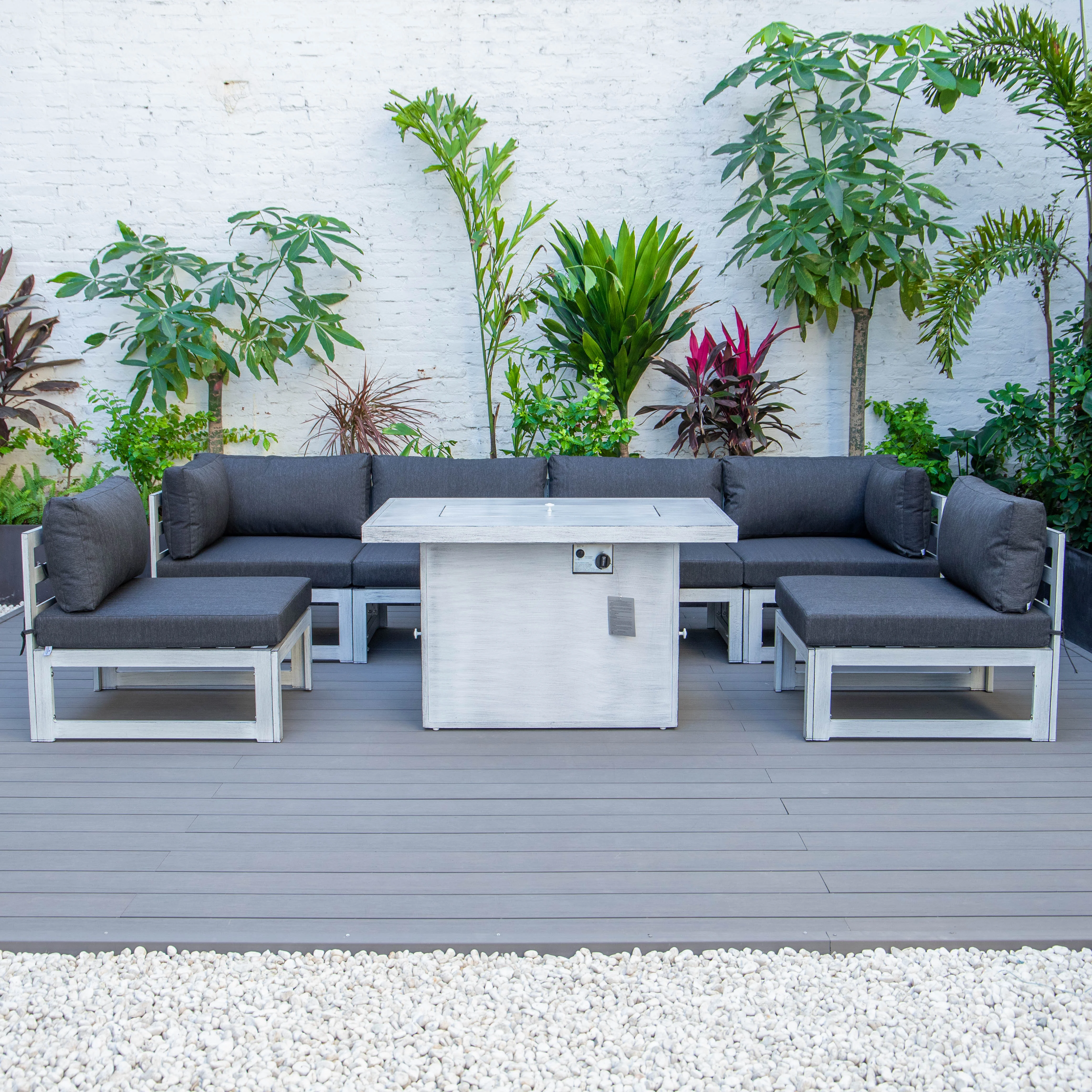 Chelsea 7-Piece Patio Sectional And Fire Pit Table Weathered Grey Aluminum With Cushions