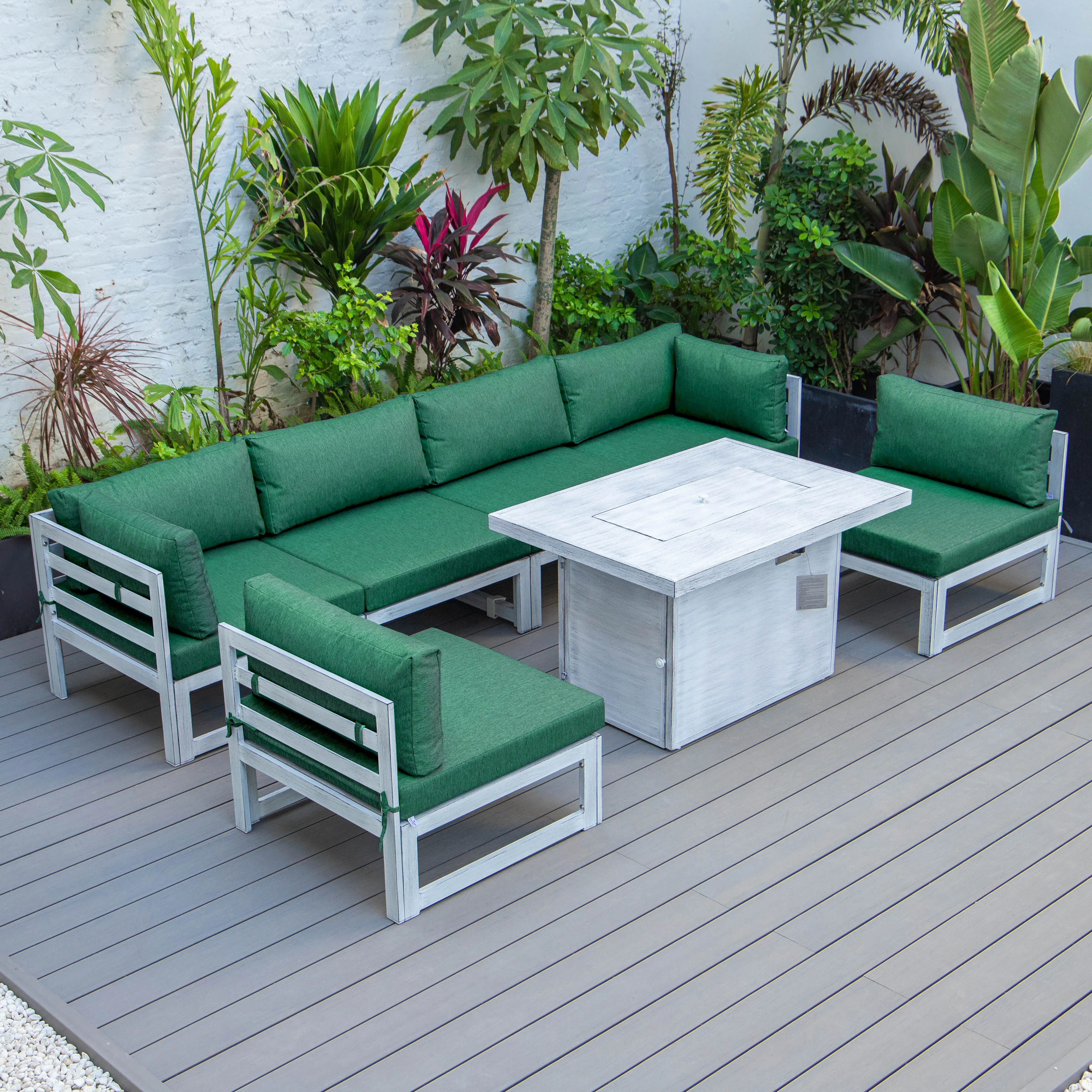 Chelsea 7-Piece Patio Sectional And Fire Pit Table Weathered Grey Aluminum With Cushions