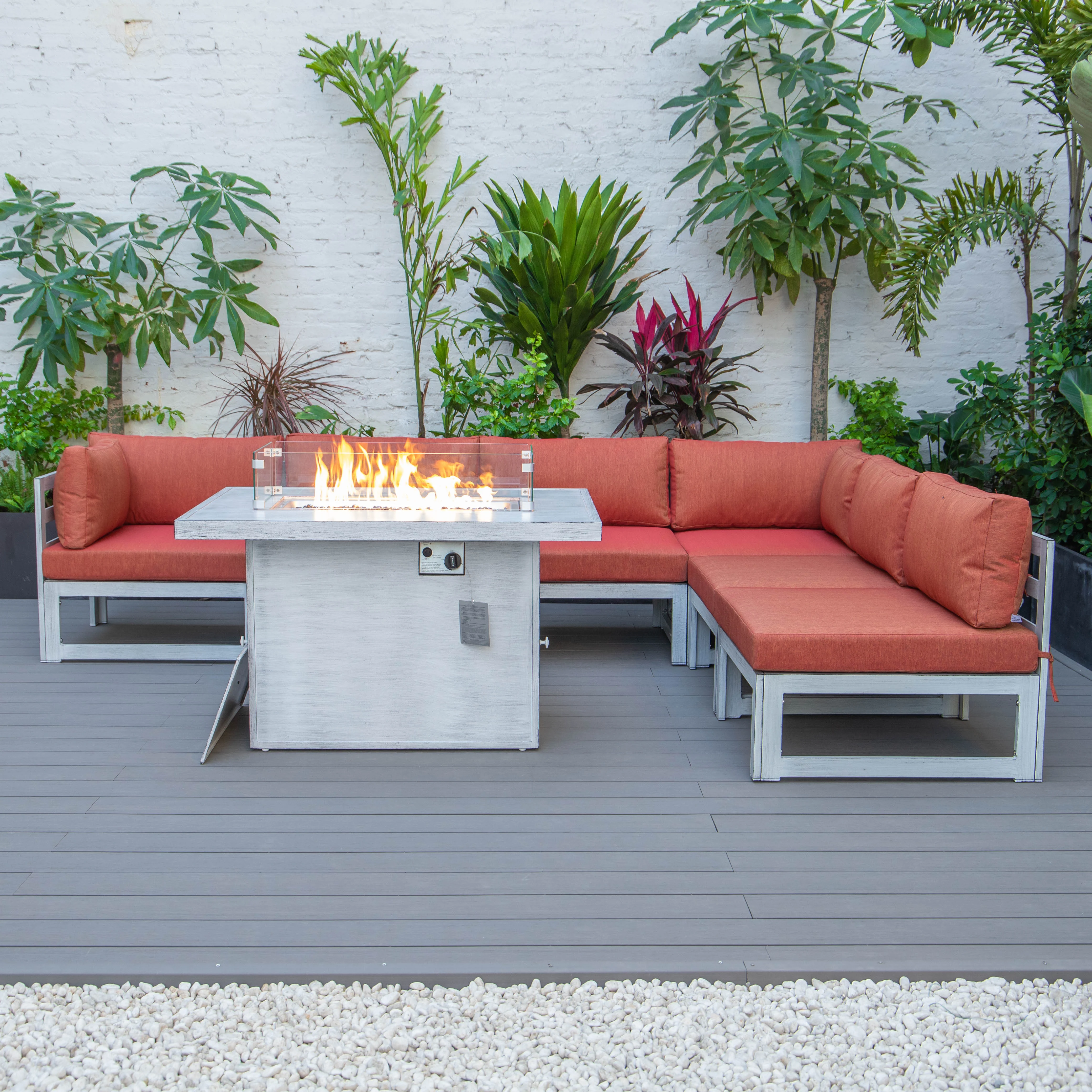 Chelsea 7-Piece Patio Sectional And Fire Pit Table Weathered Grey Aluminum With Cushions