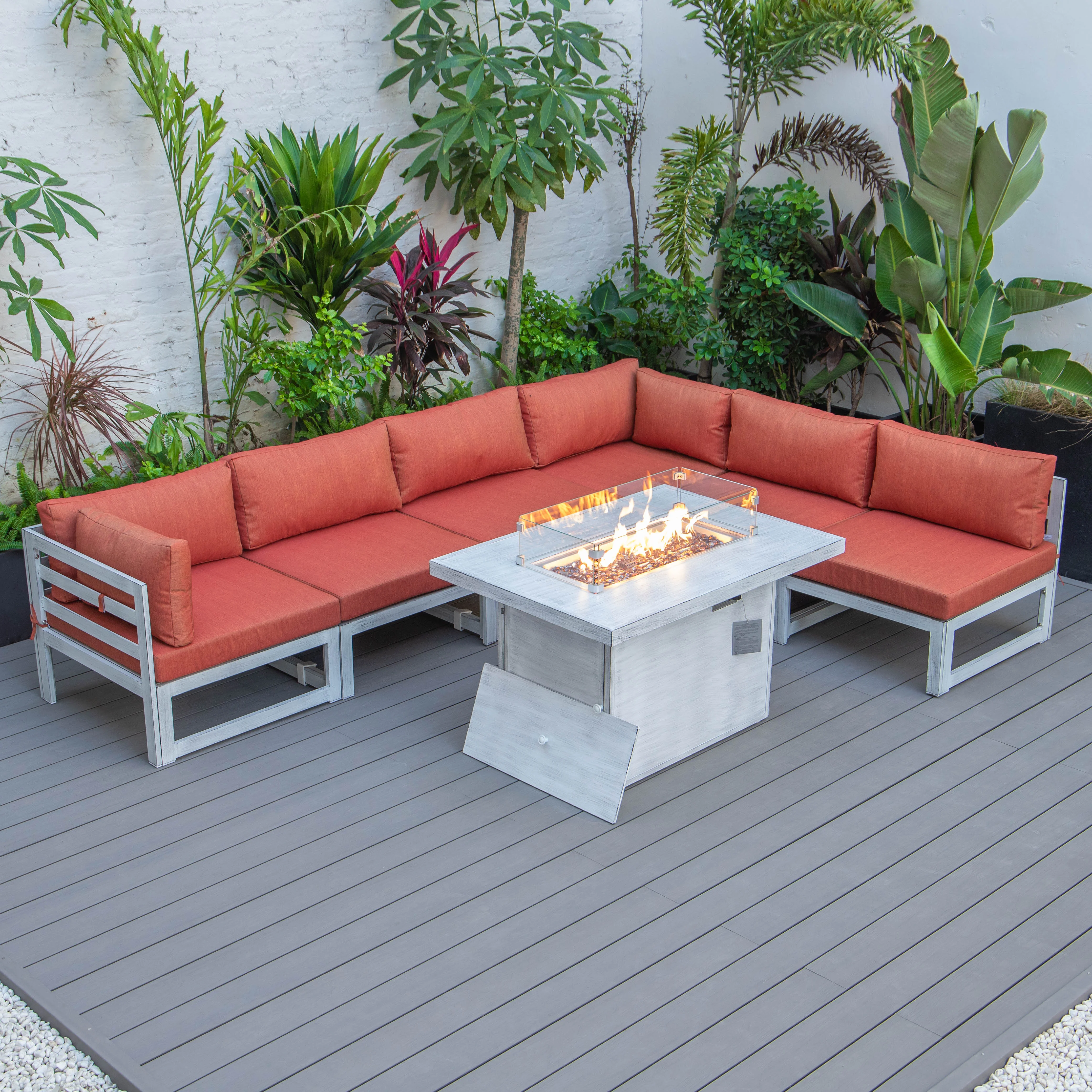 Chelsea 7-Piece Patio Sectional And Fire Pit Table Weathered Grey Aluminum With Cushions