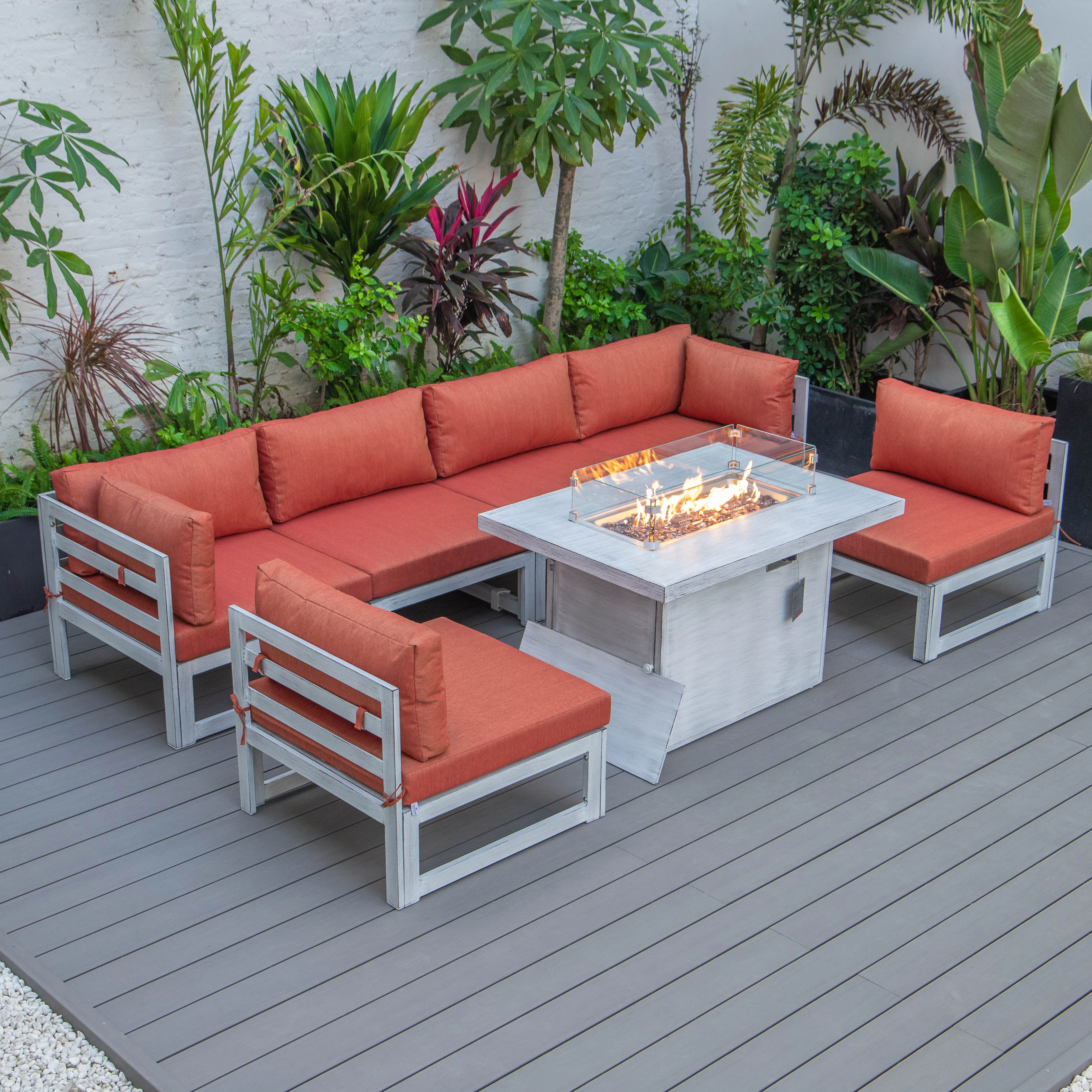 Chelsea 7-Piece Patio Sectional And Fire Pit Table Weathered Grey Aluminum With Cushions