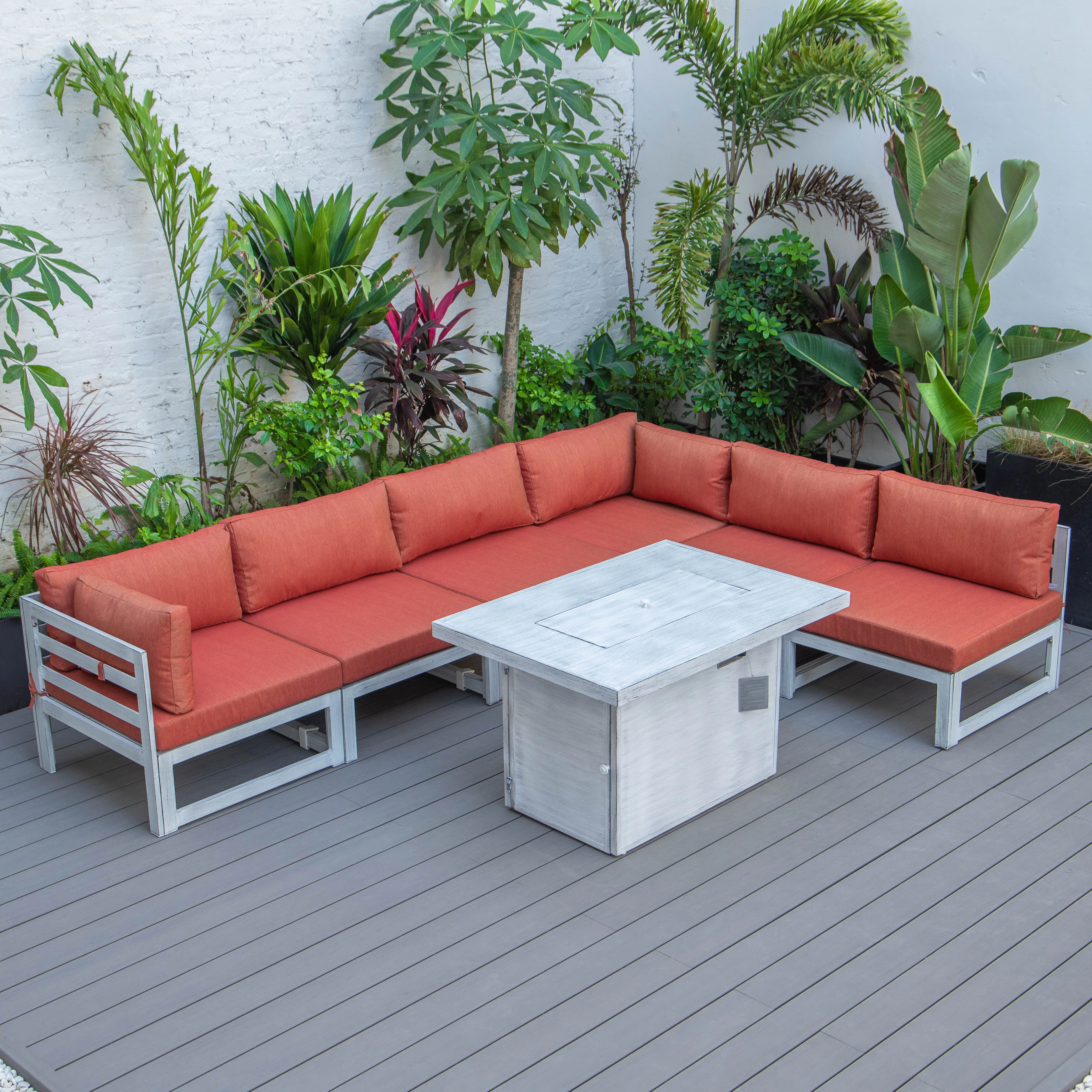 Chelsea 7-Piece Patio Sectional And Fire Pit Table Weathered Grey Aluminum With Cushions