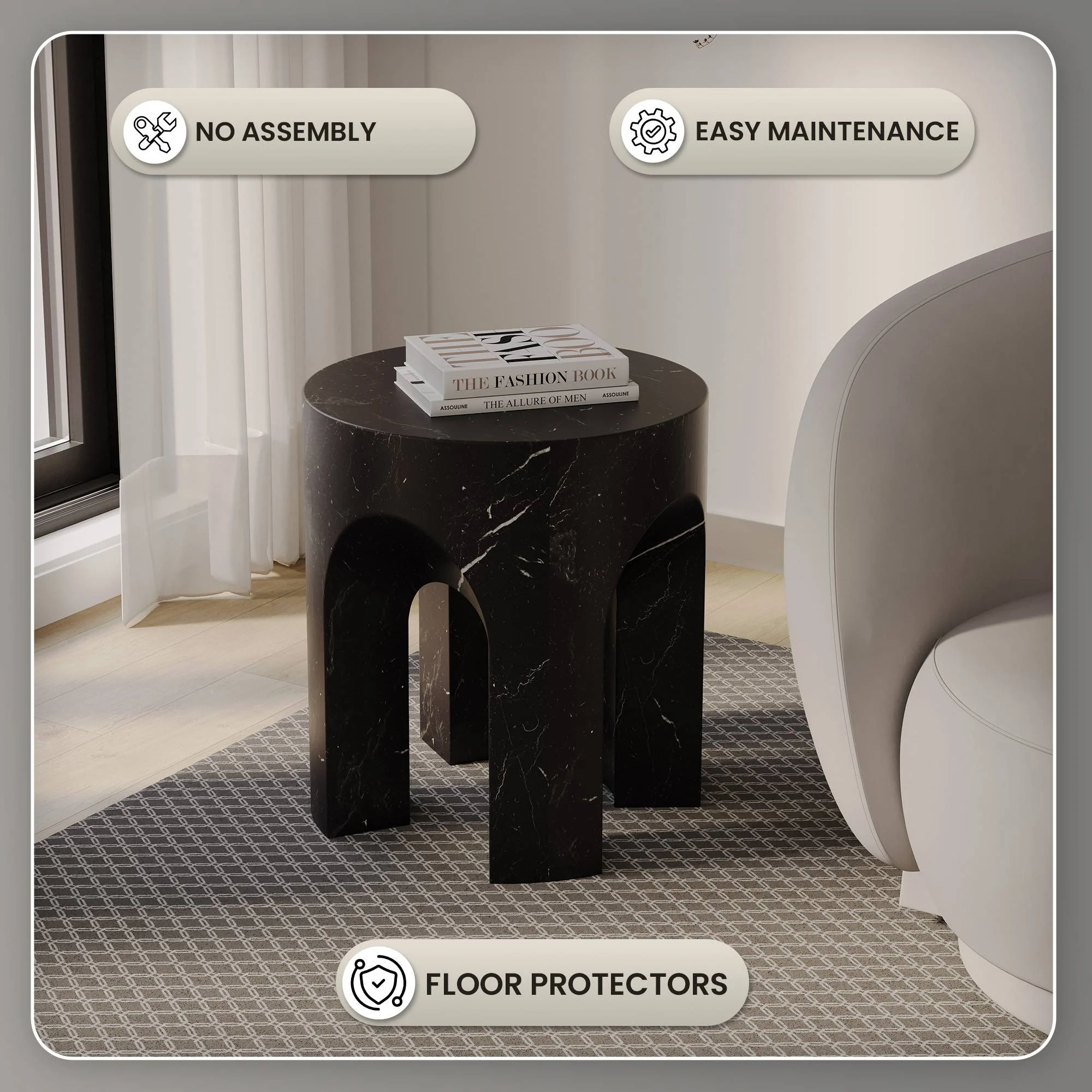 Crus Collection Fiberglass Outdoor Side Table Marbleized Black