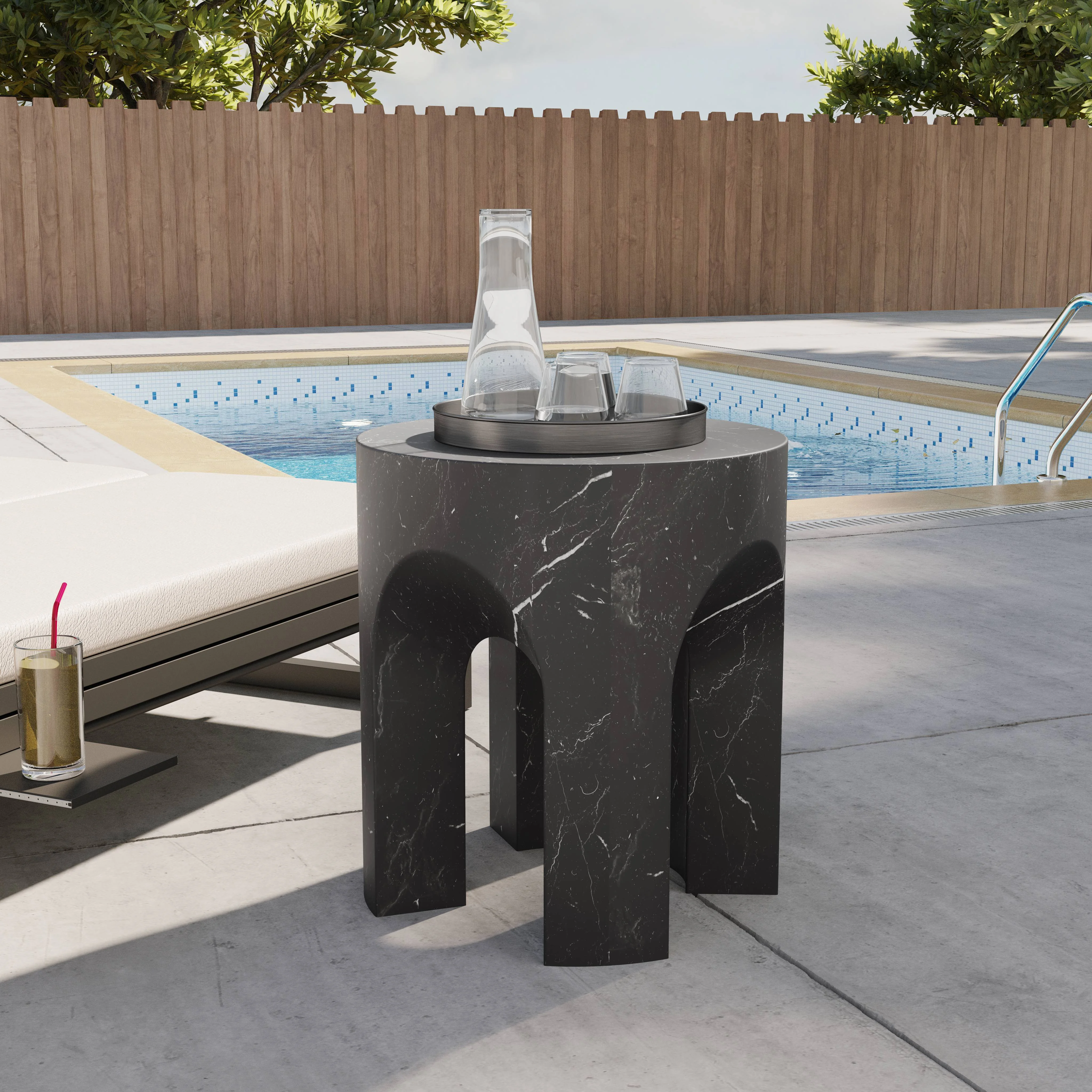 Crus Collection Fiberglass Outdoor Side Table Marbleized Black