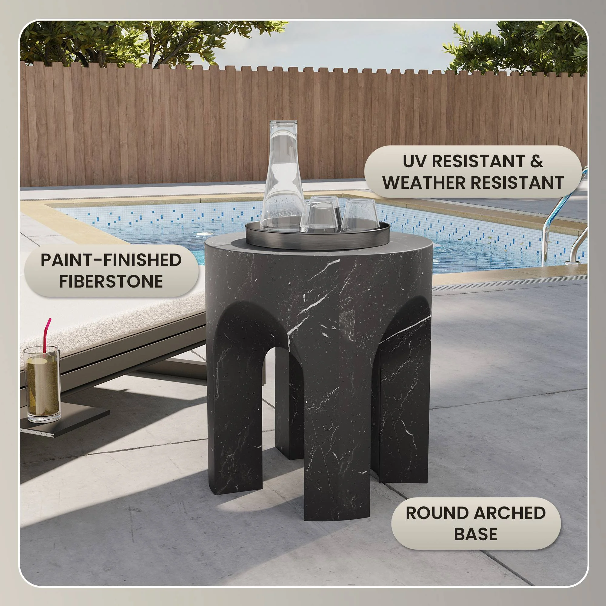 Crus Collection Fiberglass Outdoor Side Table Marbleized Black