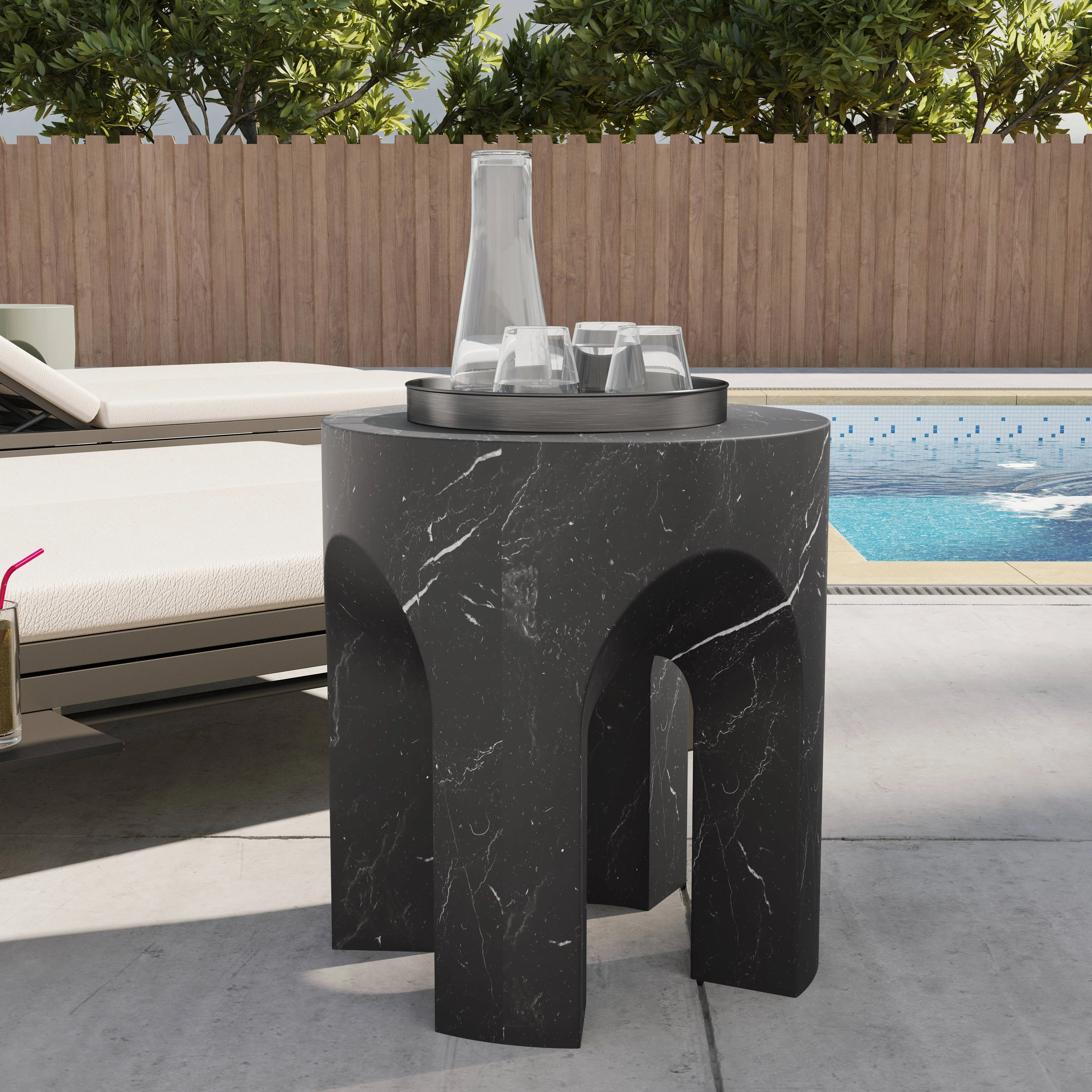 Crus Collection Fiberglass Outdoor Side Table Marbleized Black