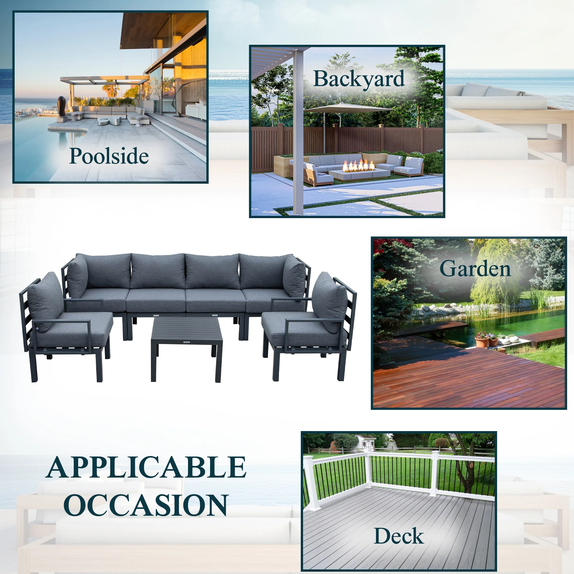 Chelsea 7-Piece Patio Sectional And Coffee Table Set Black Aluminum With Cushions