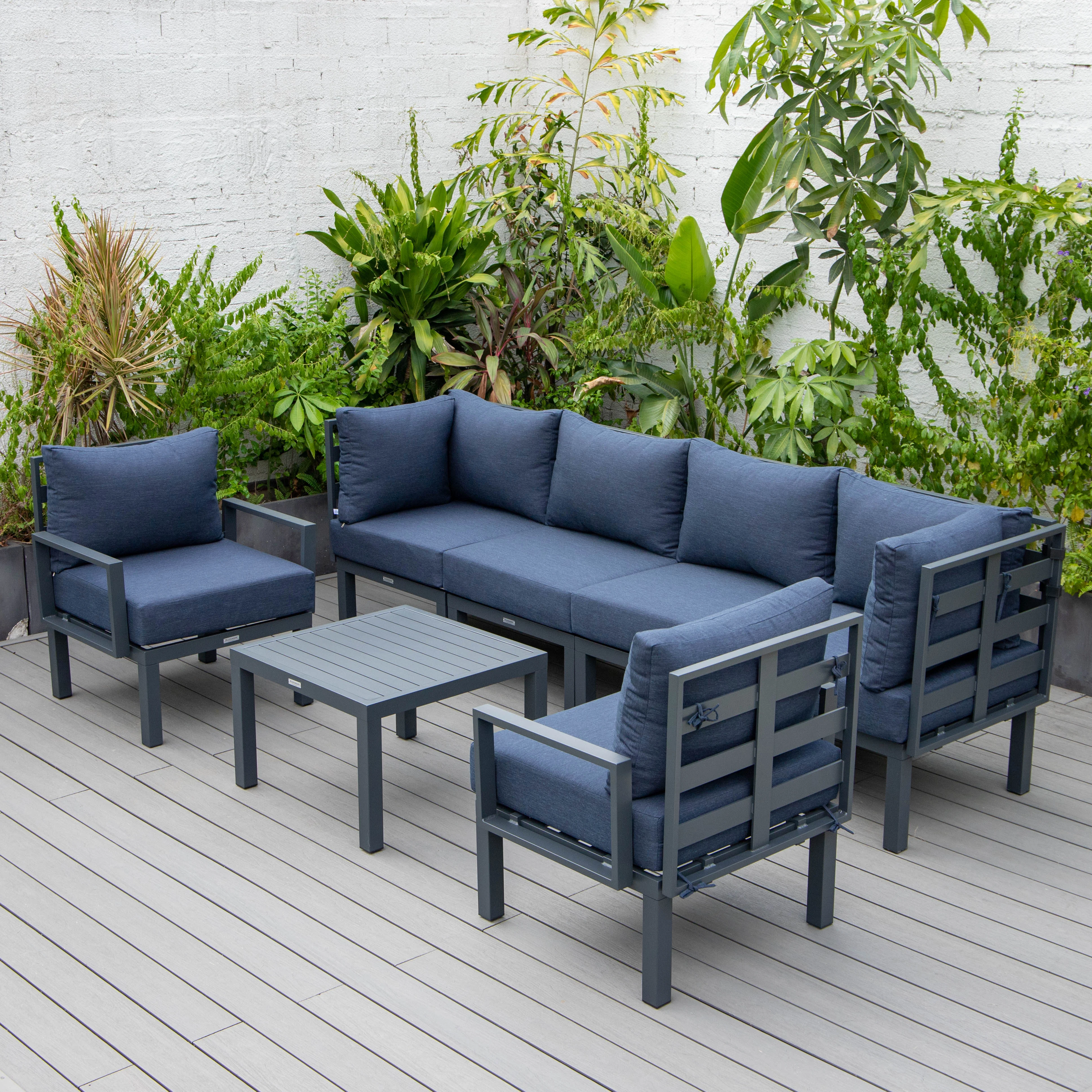 Chelsea 7-Piece Patio Sectional And Coffee Table Set Black Aluminum With Cushions