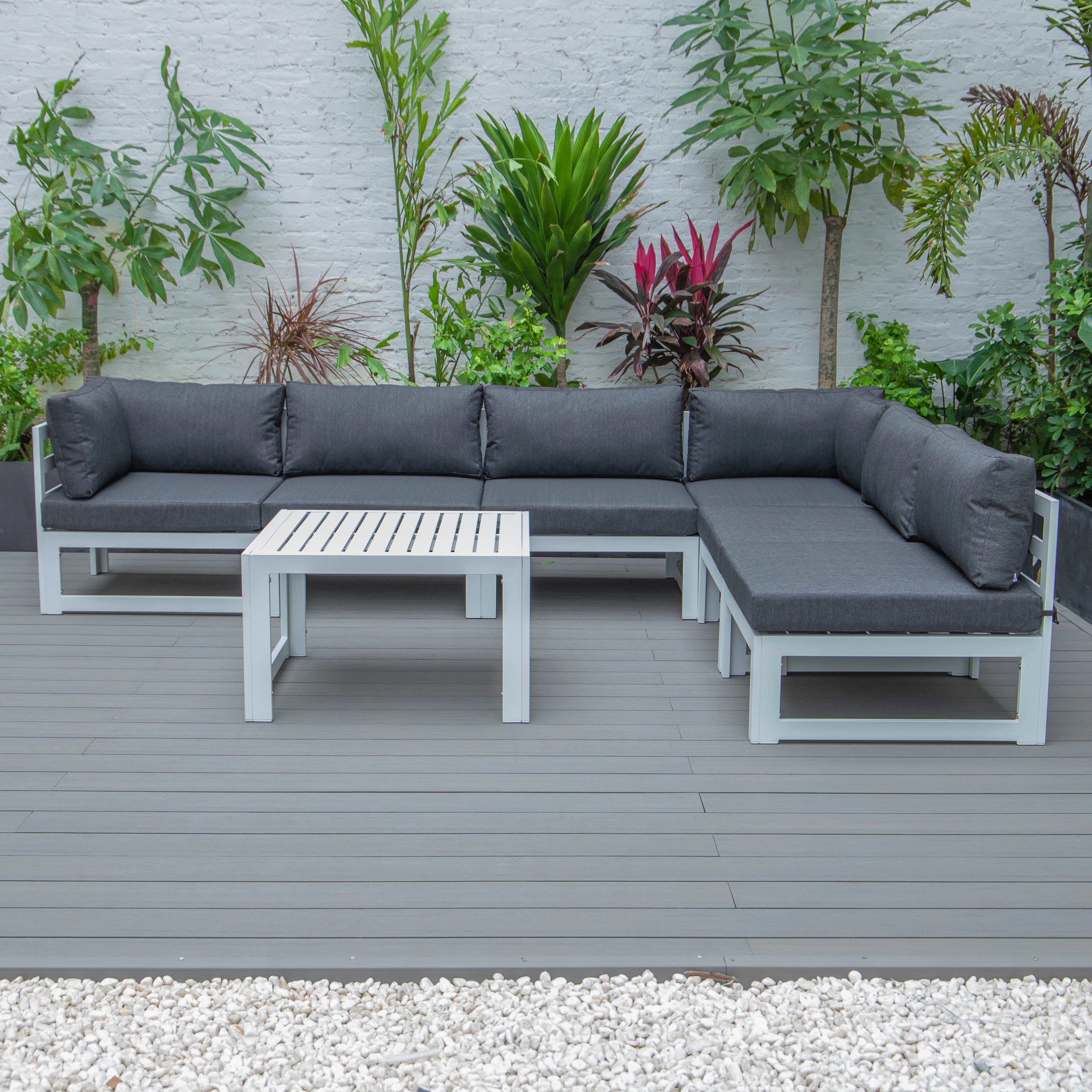 Chelsea 7-Piece Patio Sectional And Coffee Table Set White Aluminum With Cushions