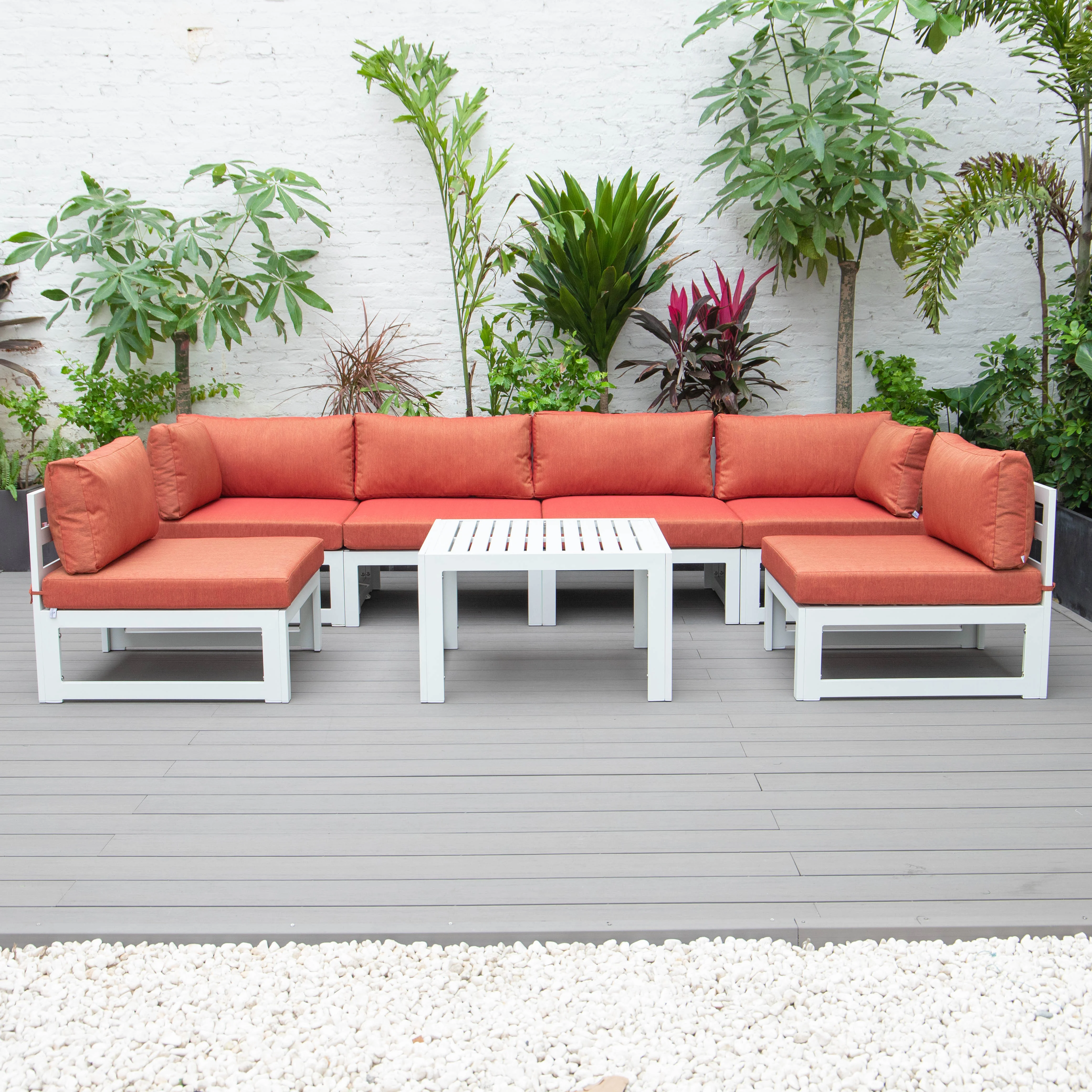 Chelsea 7-Piece Patio Sectional And Coffee Table Set White Aluminum With Cushions