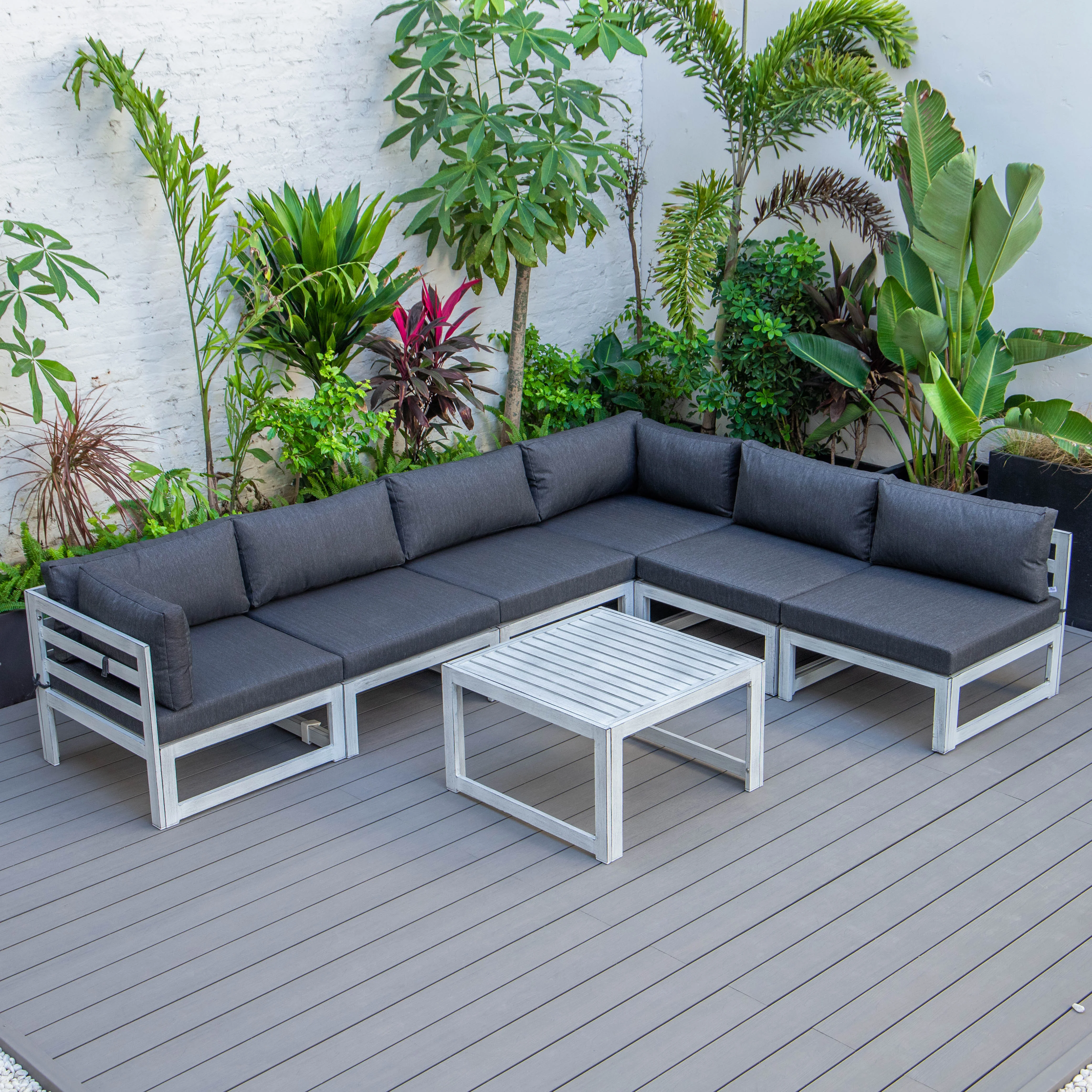 Chelsea 7-Piece Patio Sectional And Coffee Table Set Weathered Grey Aluminum With Cushions