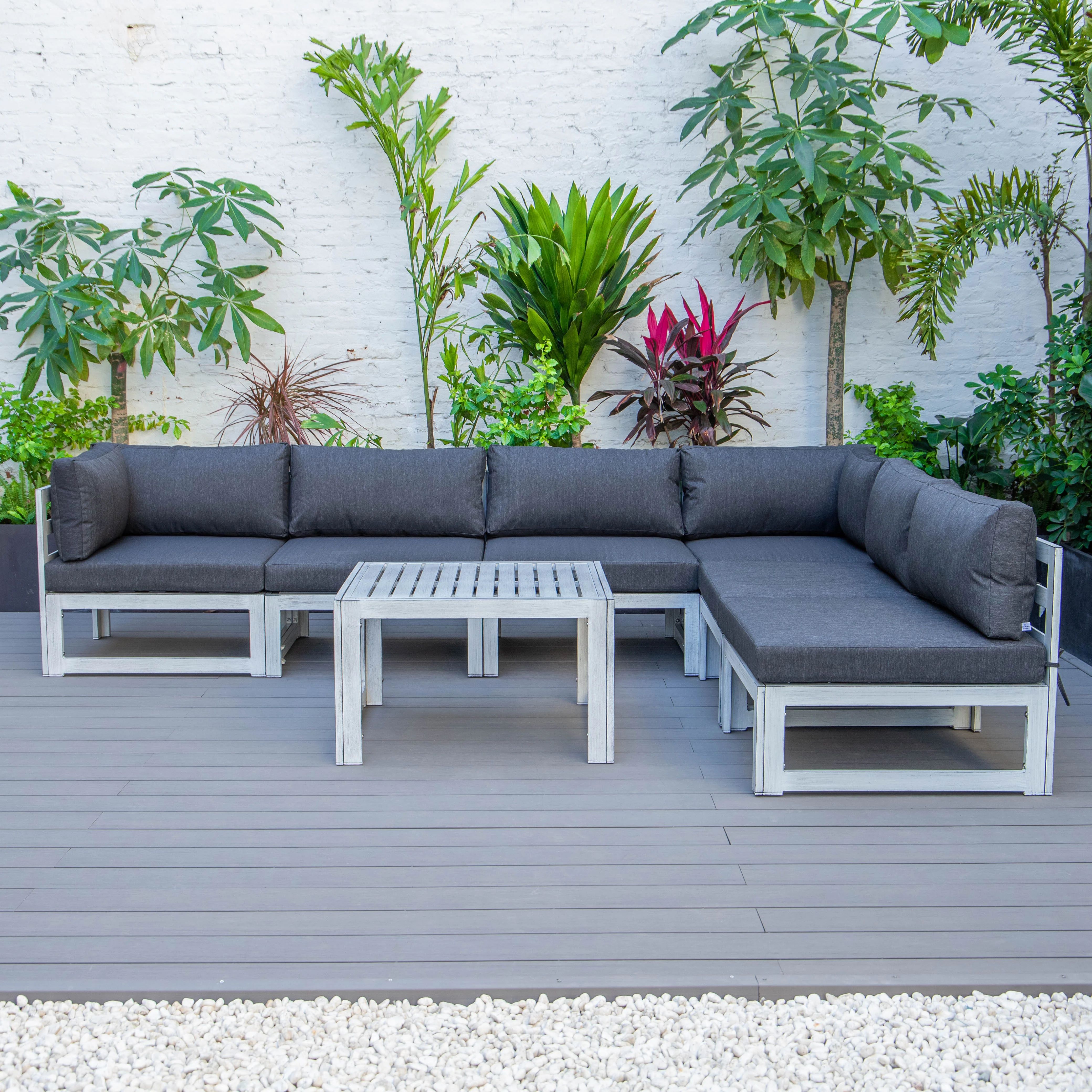 Chelsea 7-Piece Patio Sectional And Coffee Table Set Weathered Grey Aluminum With Cushions