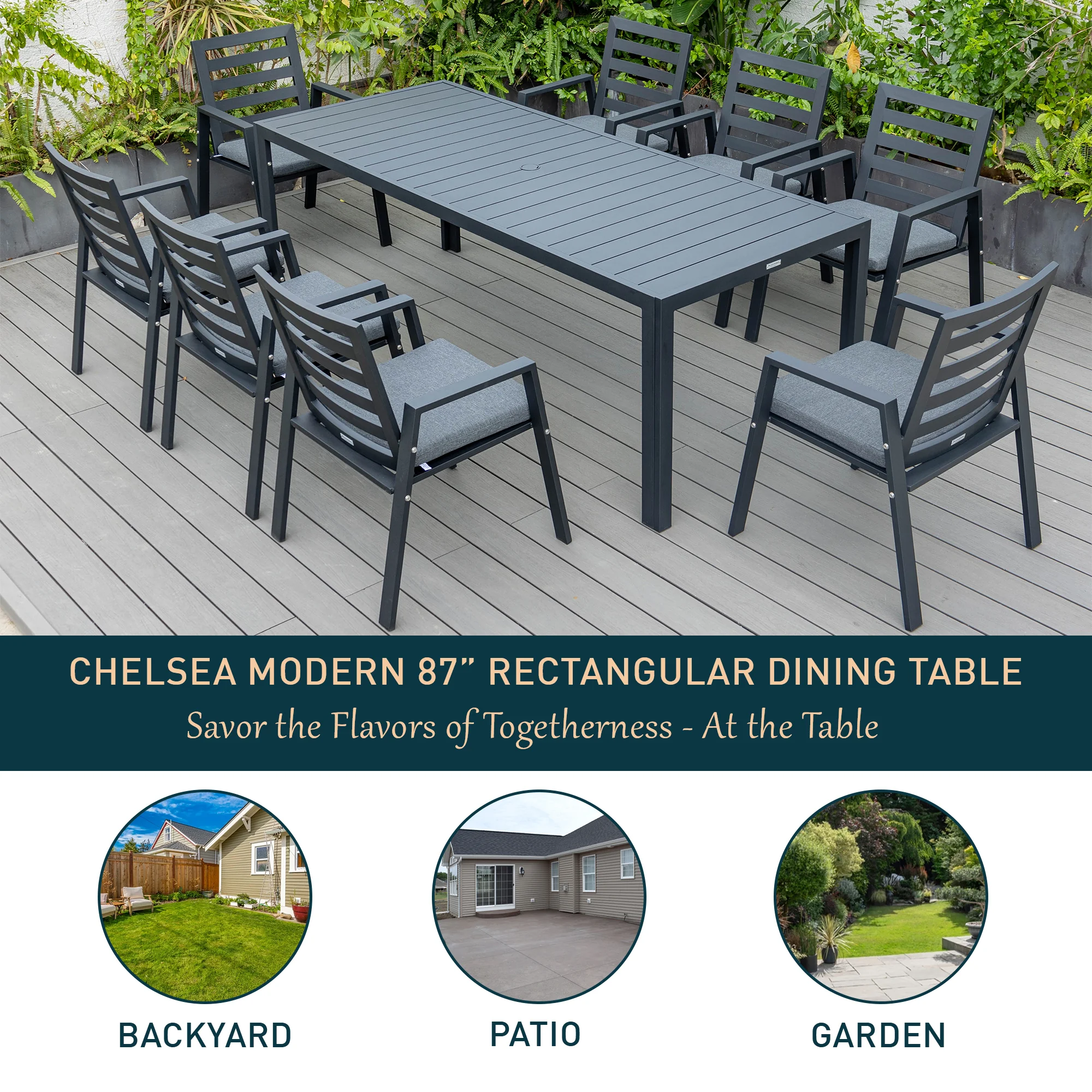 Chelsea Aluminum Outdoor 87" Dining Table in Black