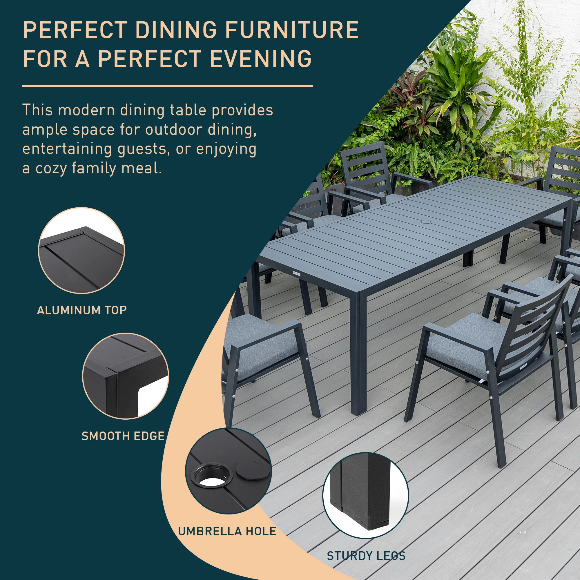 Chelsea Aluminum Outdoor 87" Dining Table in Black