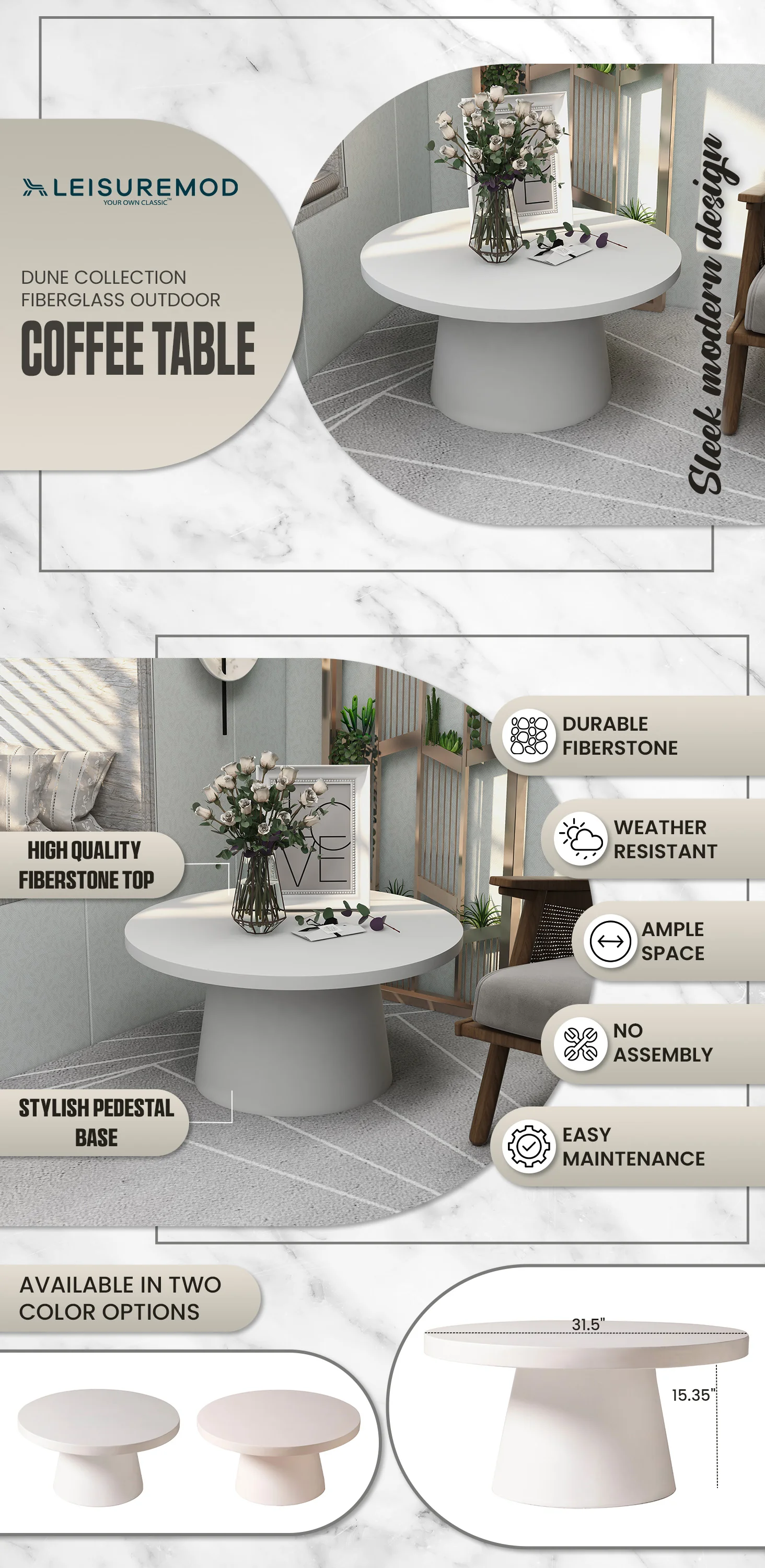 Dune Collection Fiberglass Outdoor Coffee Table In White