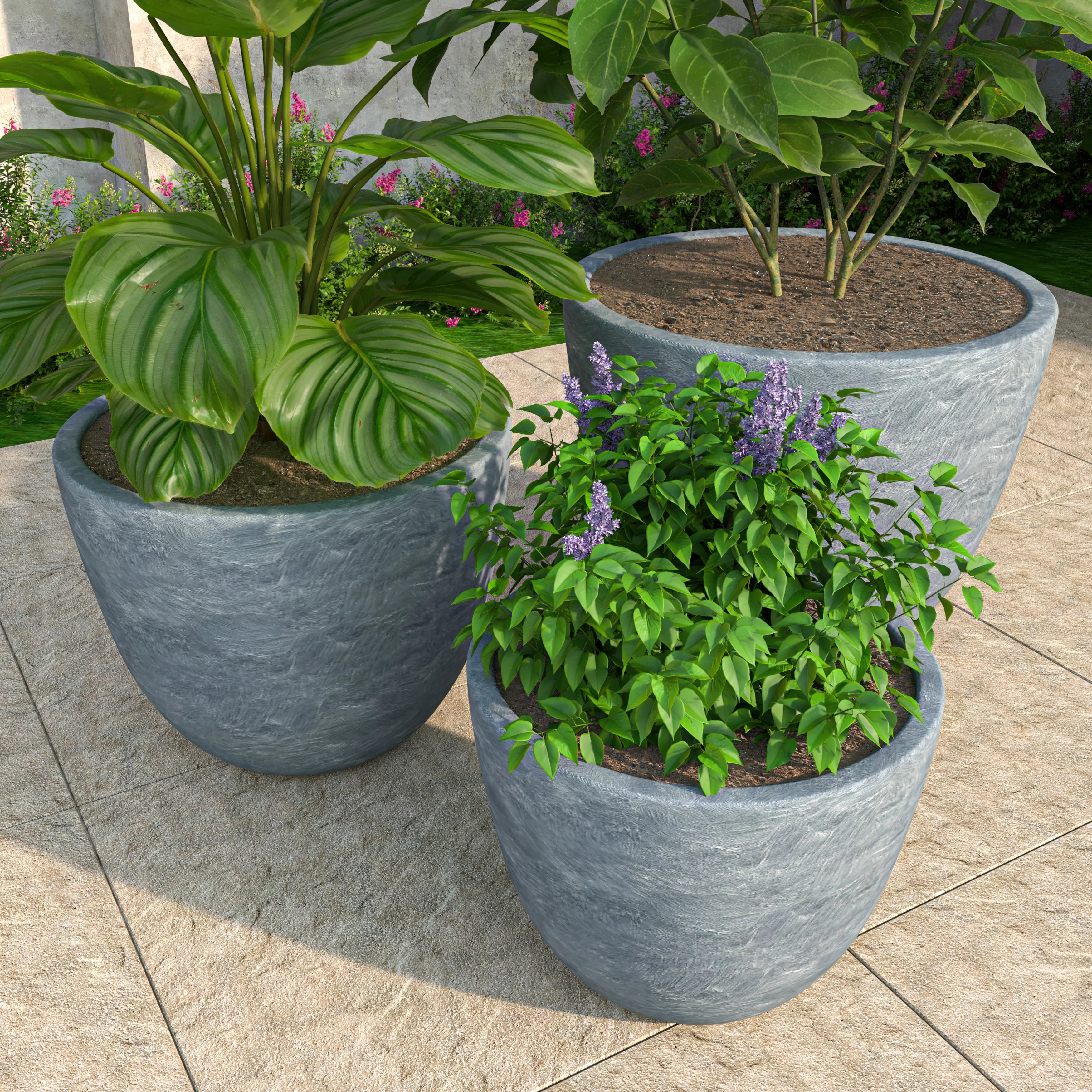 Dahlia Series Poly Stone Planter Set in Aged Concrete
