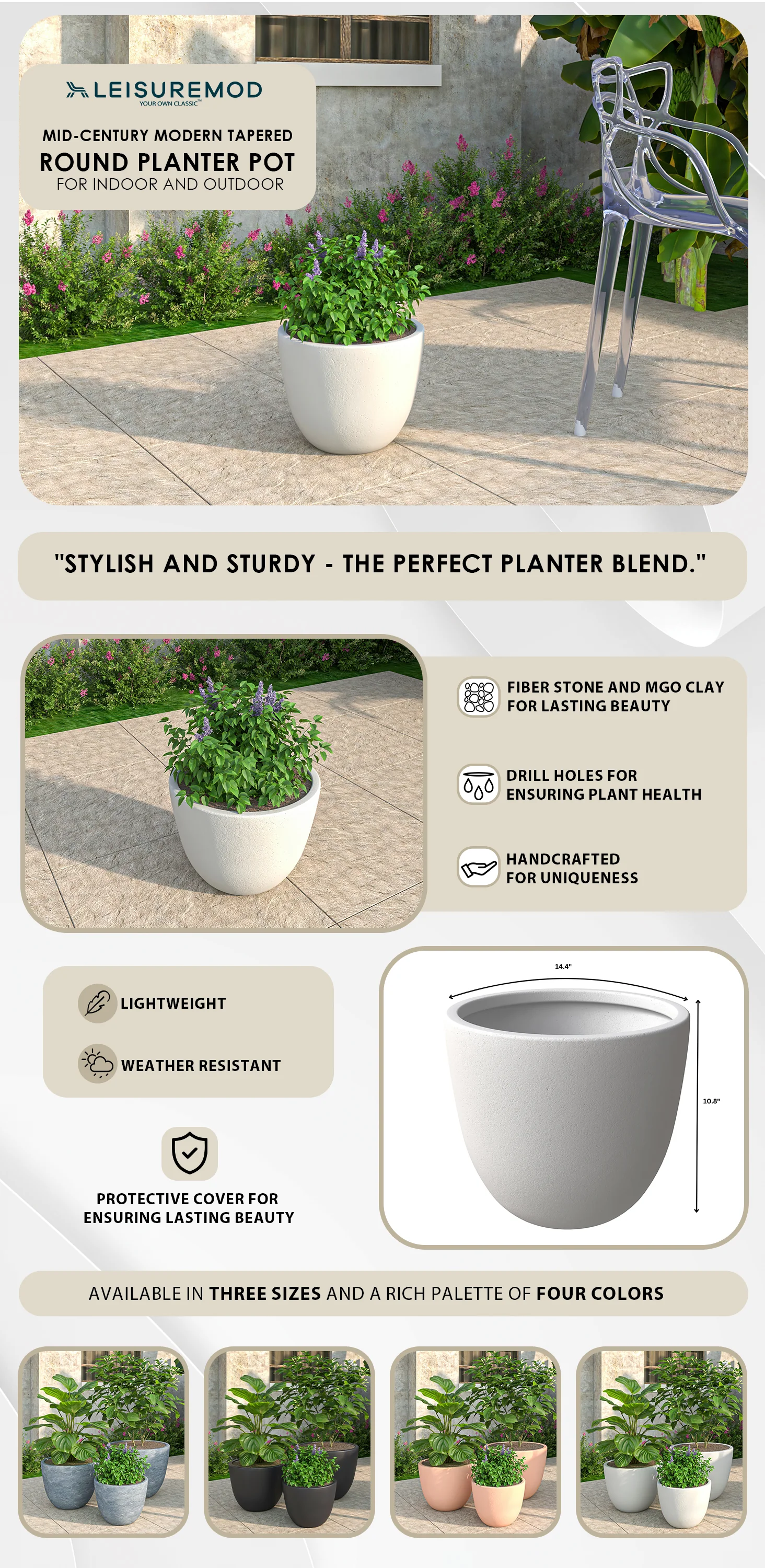 Dahlia Series Poly Stone Planter in White 14.4 Dia, 10.8 High