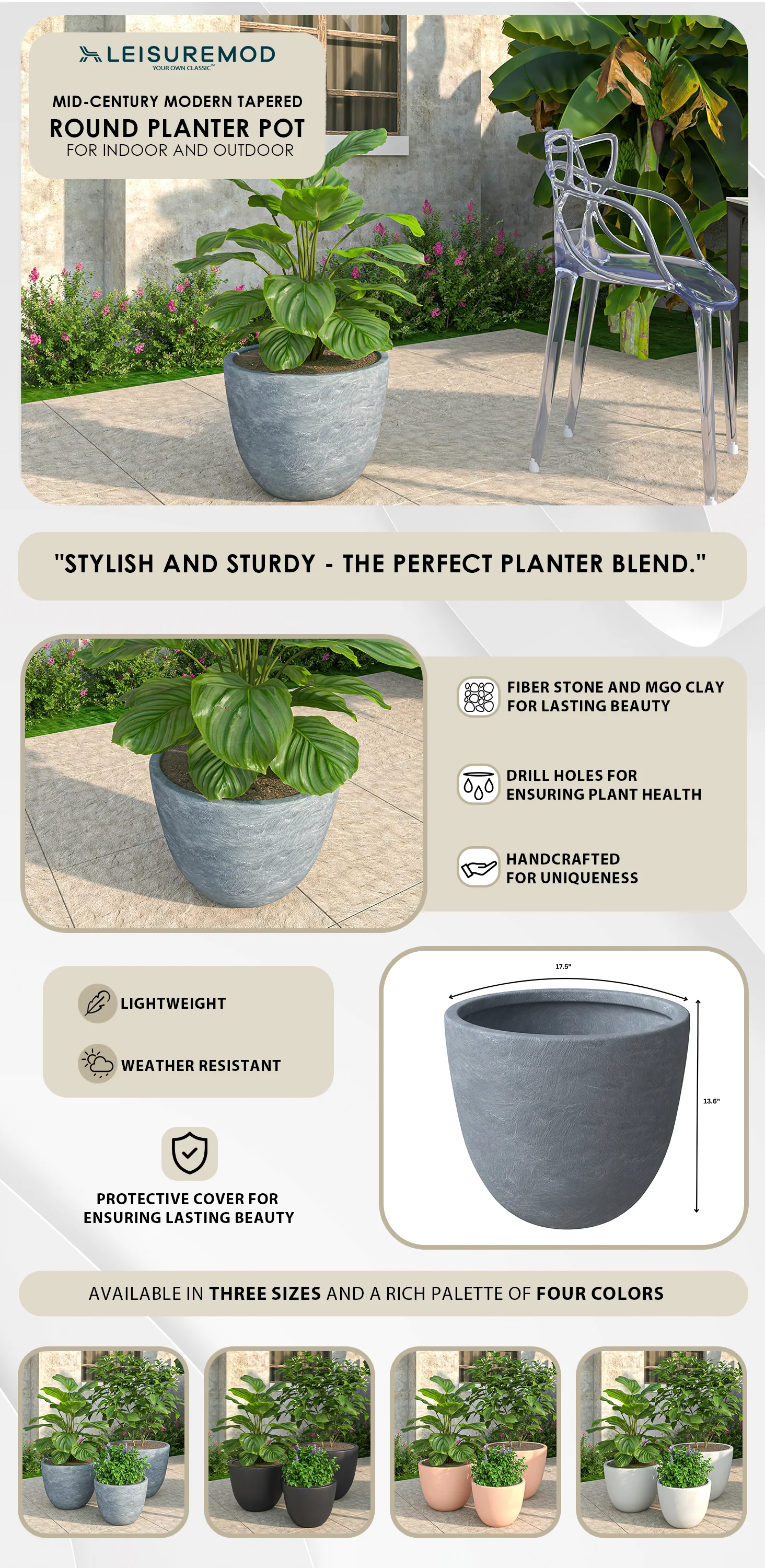 Dahlia Series Poly Stone Planter in Aged Concrete 17.5 Dia, 13.6 High