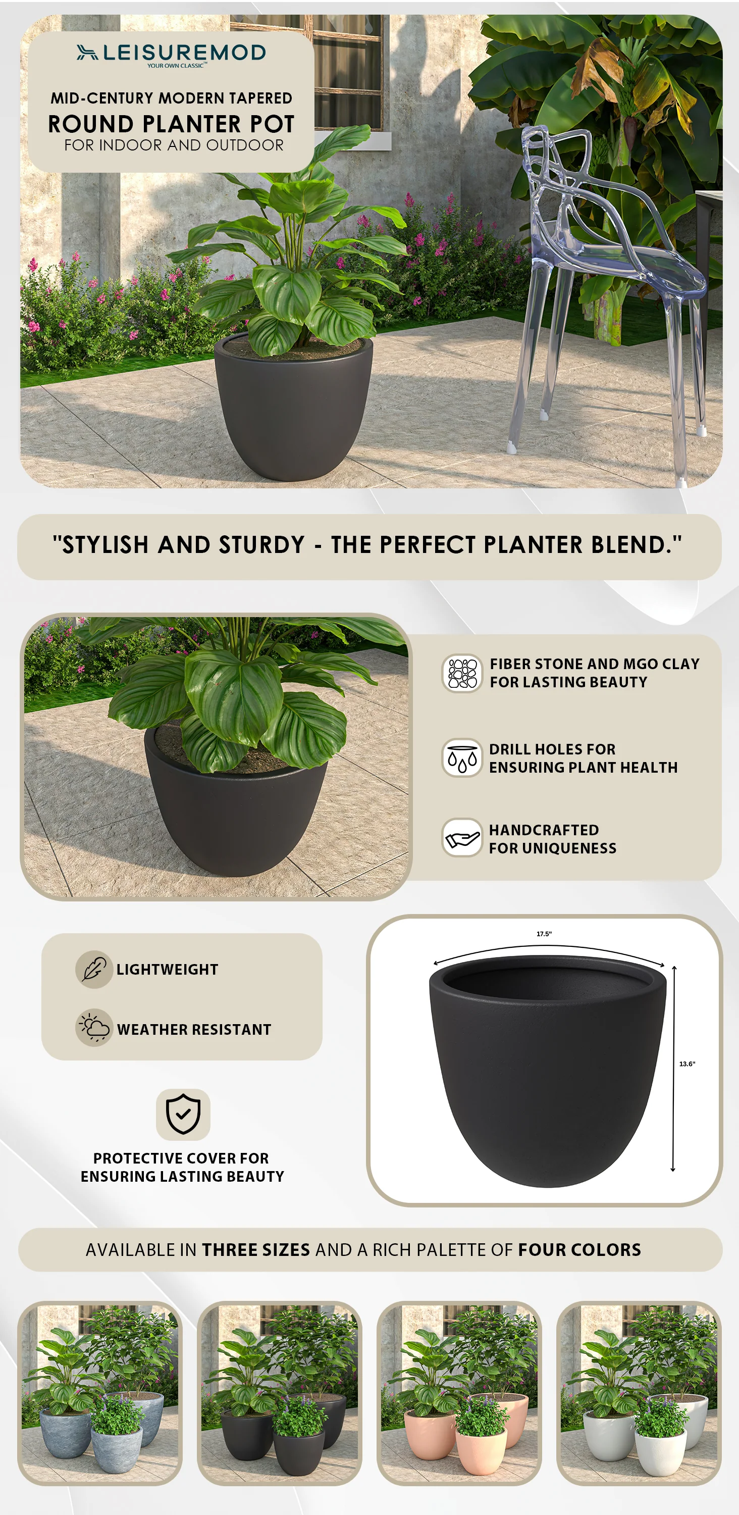 Dahlia Series Poly Stone Planter in Black 17.5 Dia, 13.6 High